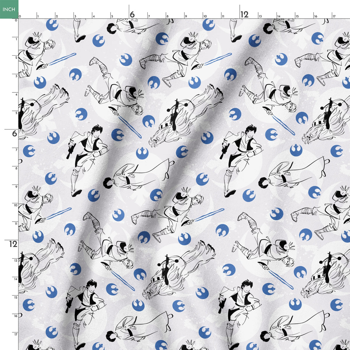 Star Wars characters with lightsabers pattern featuring Rebel Alliance logos on light background springs ruler 18x18