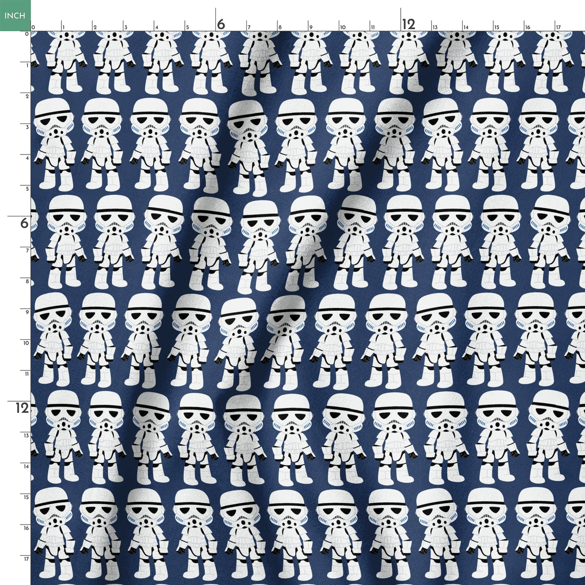 Repeated pattern of cartoon Stormtrooper characters in white armor against dark blue background springs ruler 18x18