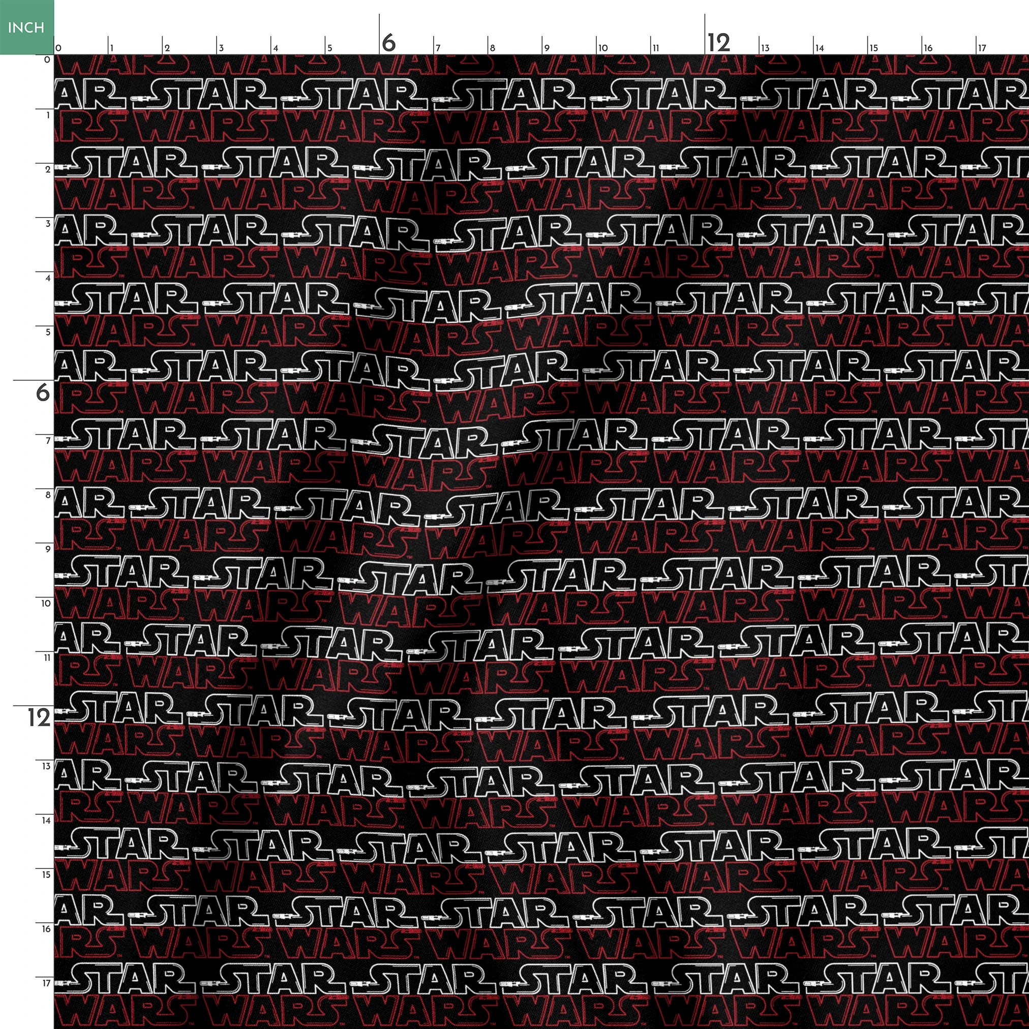Star Wars logo pattern with white "STAR" and red "WARS" text repeating on black background springs ruler 18x18