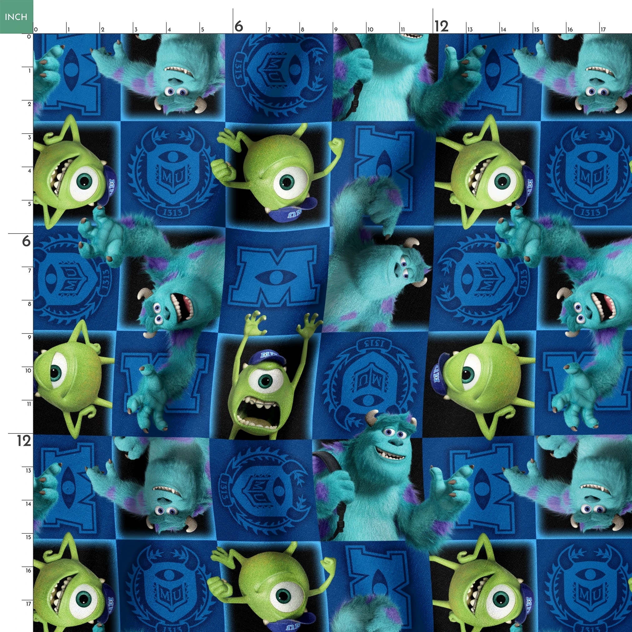 Monsters Inc characters pattern with Mike and Sulley on blue background with logos and emblems springs ruler 18x18