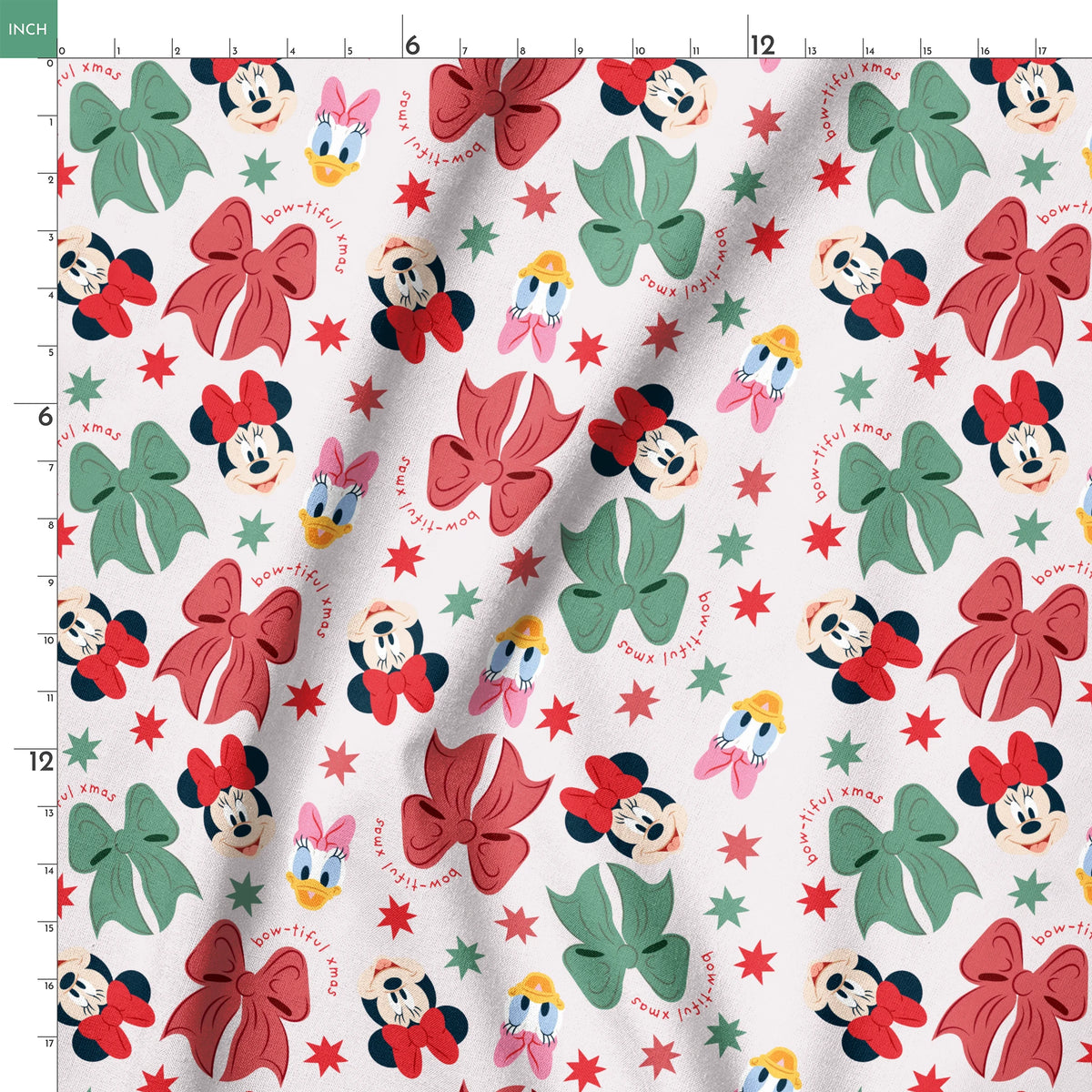 Disney pattern with Minnie Mouse and Daisy Duck characters, green and red bows, and green stars on light background. springs ruler 18x18
