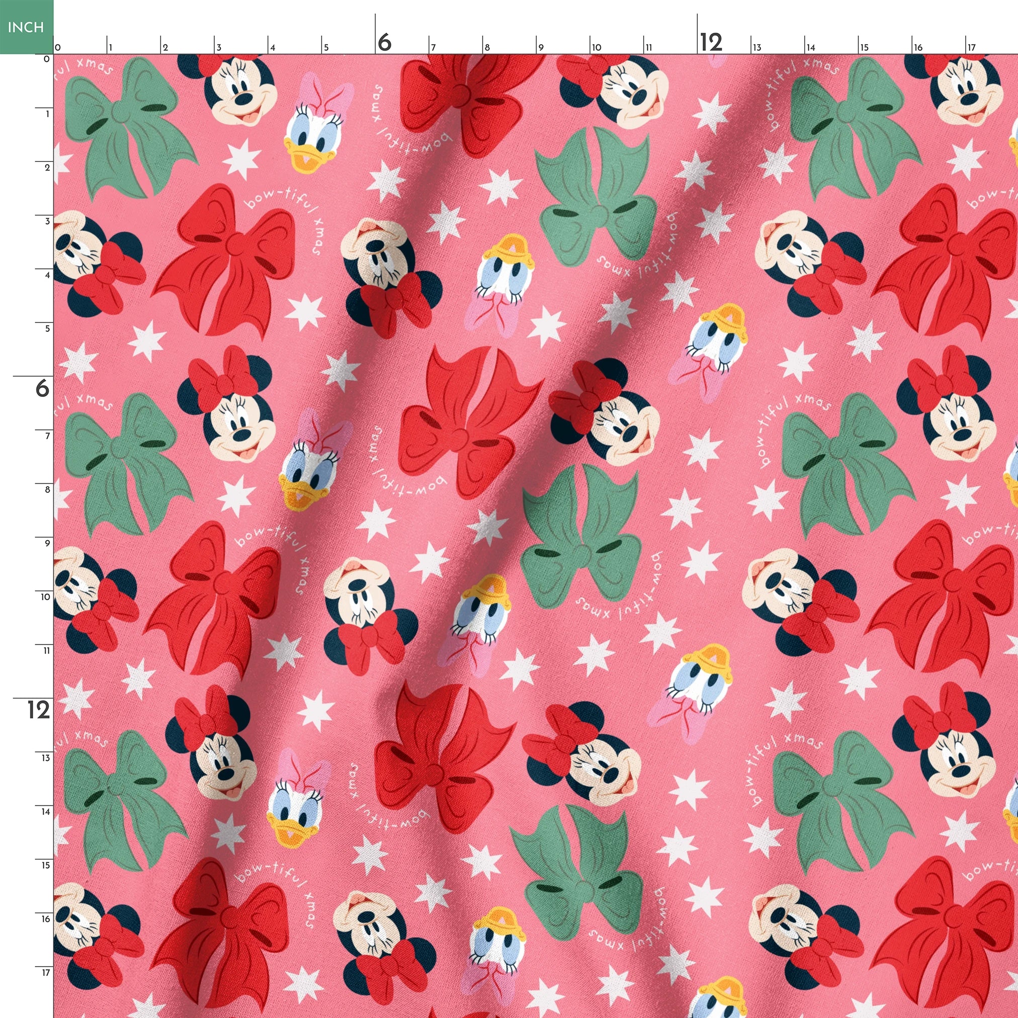 Disney character pattern with Mickey and Minnie Mouse, Donald Duck, bows in red and green on pink background with white stars springs ruler 18x18