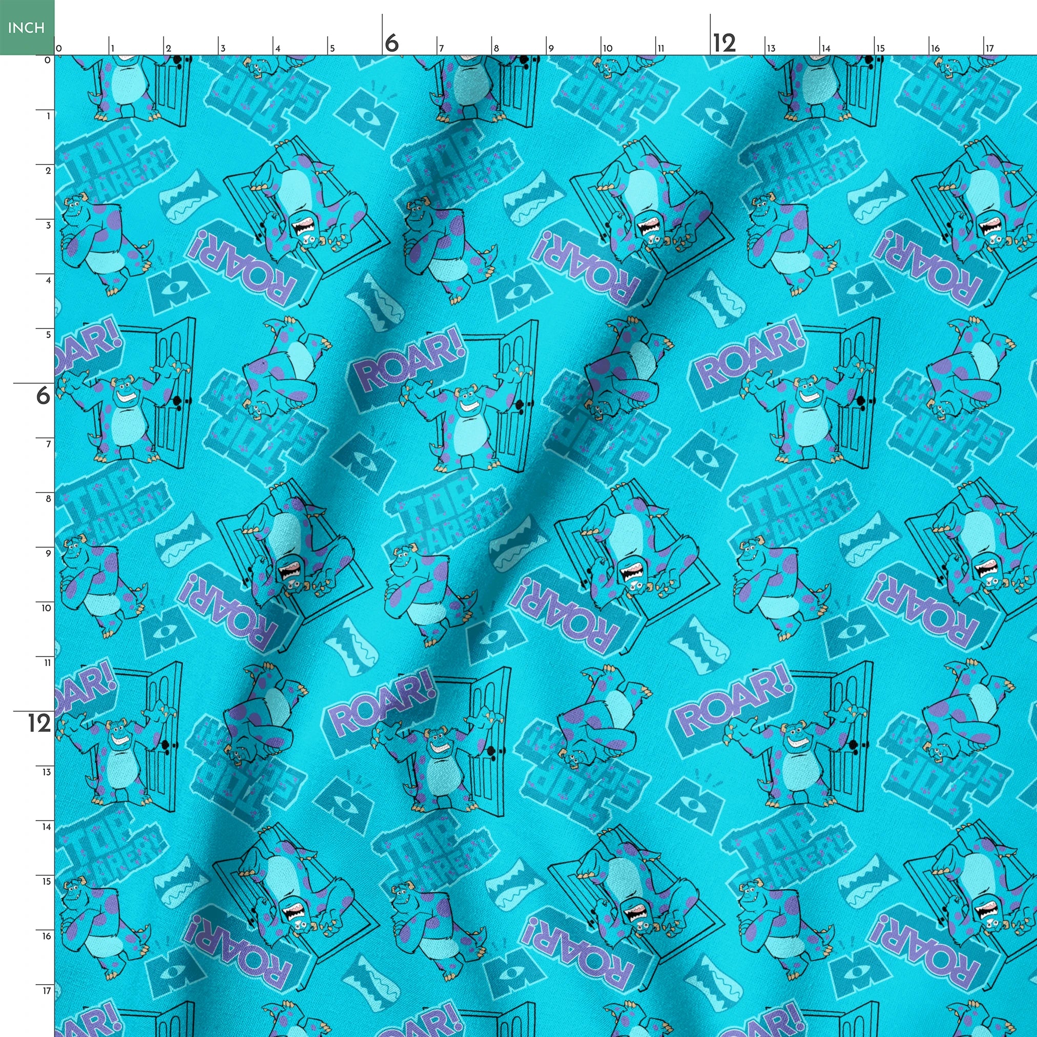Monsters Inc's Sulley with "Roar" text and doorway motifs from movie springs ruler 18x18