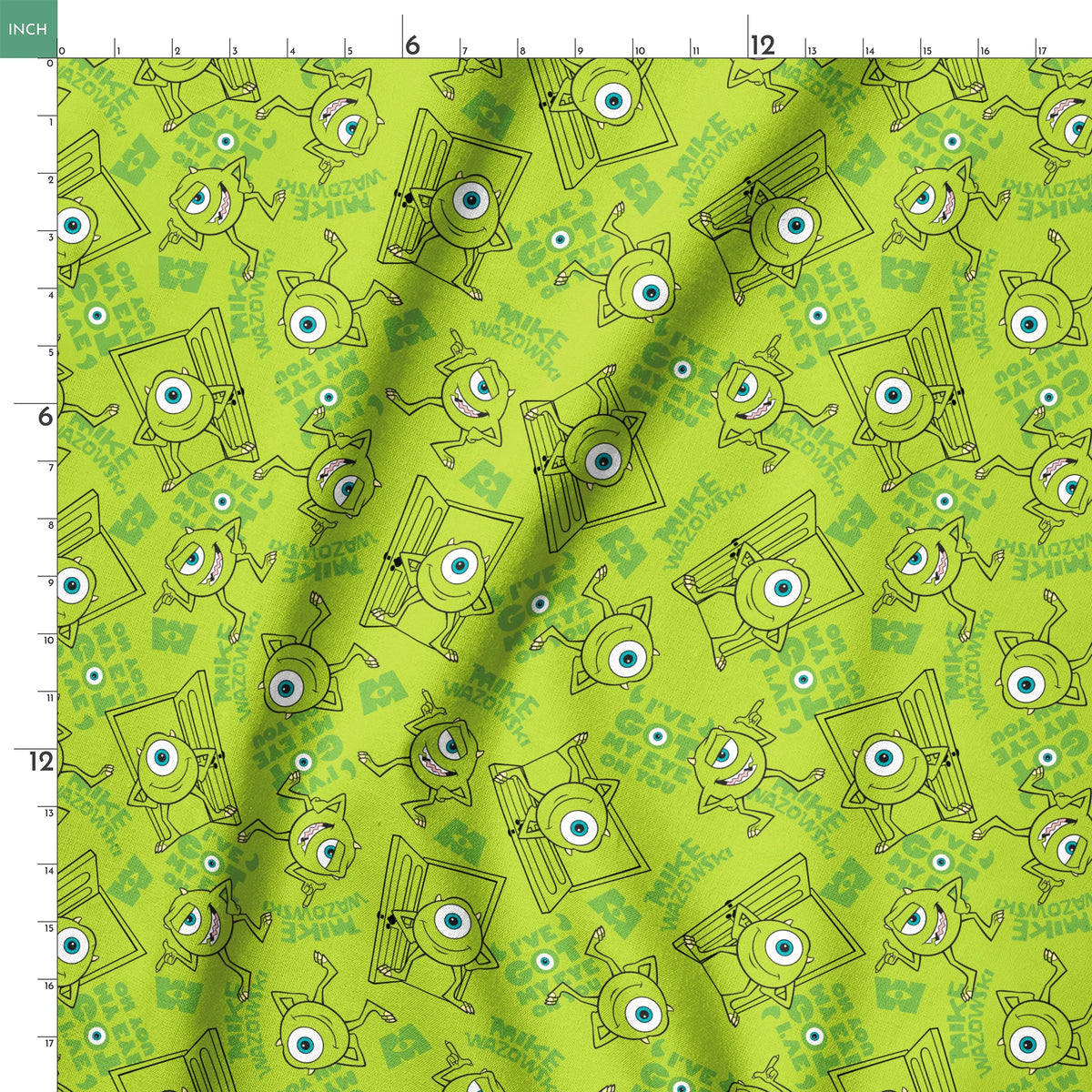 Green background with repeating Mike Wazowski in black outlines. springs ruler 18x18