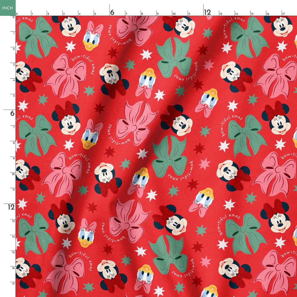 Disney character pattern with Minnie Mouse, Mickey Mouse and Donald Duck on red background with bows and stars springs ruler 18x18