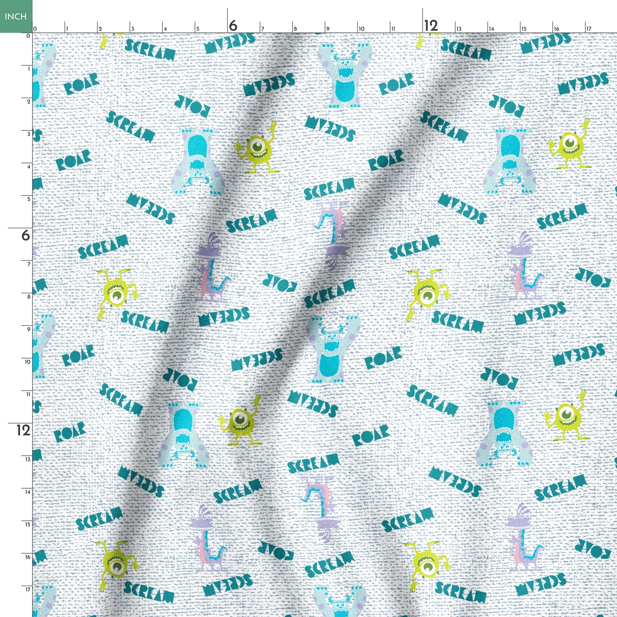 Monsters Inc pattern with teal "SCREAM" text, Mike Wazowski and Sulley on light textured background springs ruler 18x18