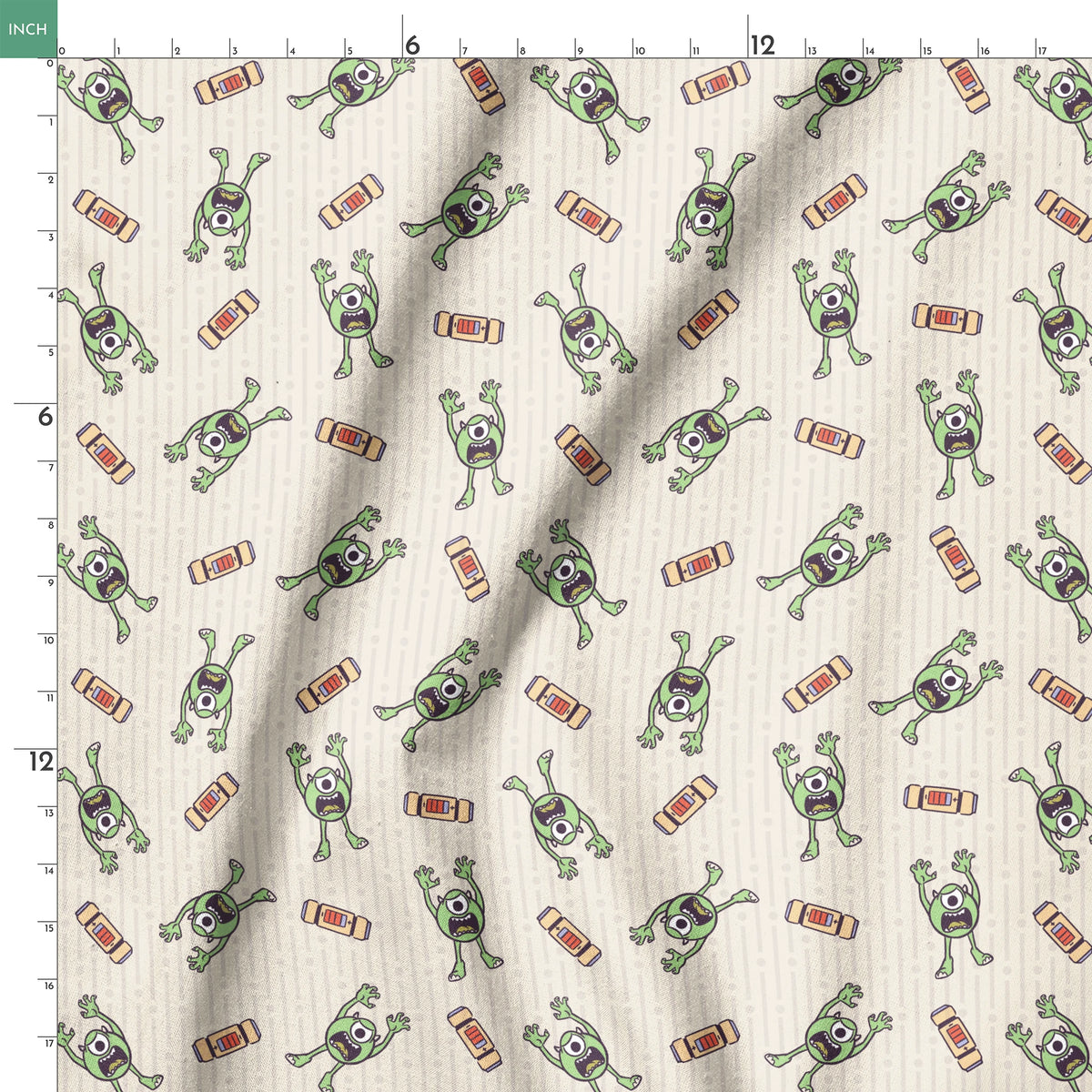 Cartoon Mike Wazowski pattern on light striped background springs ruler 18x18