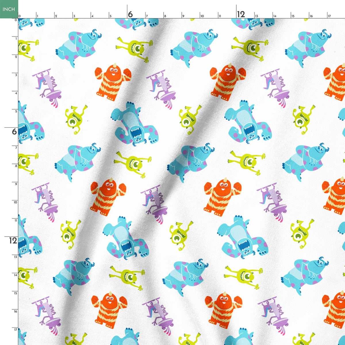Cartoon monsters pattern with colorful characters - blue, green, purple and orange creatures on white background springs ruler 18x18