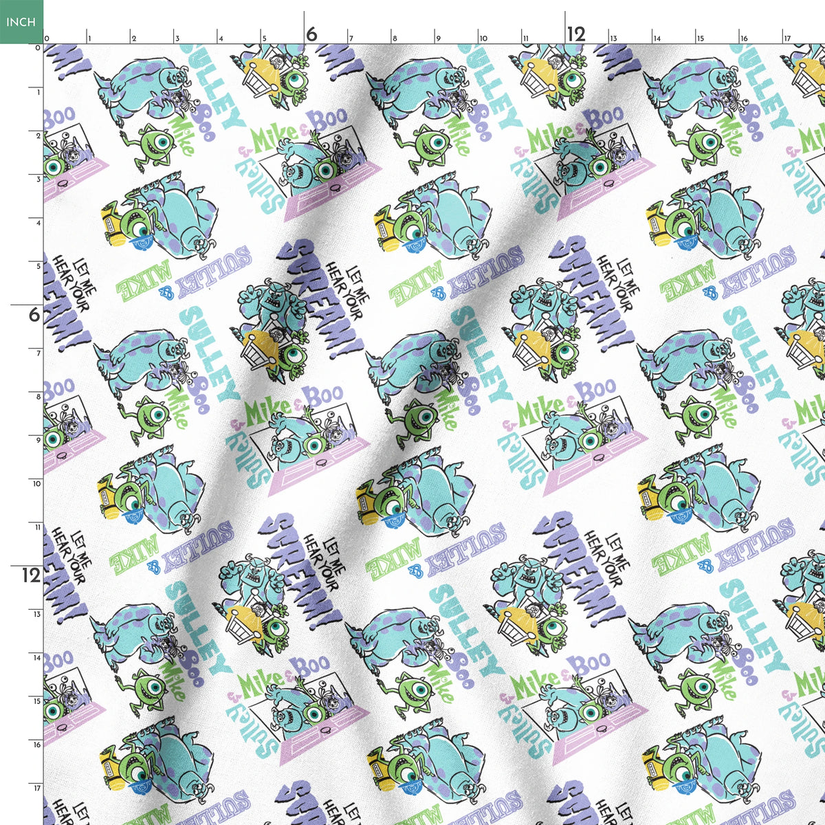 Monsters Inc pattern with Sulley and Mike characters in blue and green, with text like "Boo" and "Monsters" scattered throughout. springs ruler 18x18