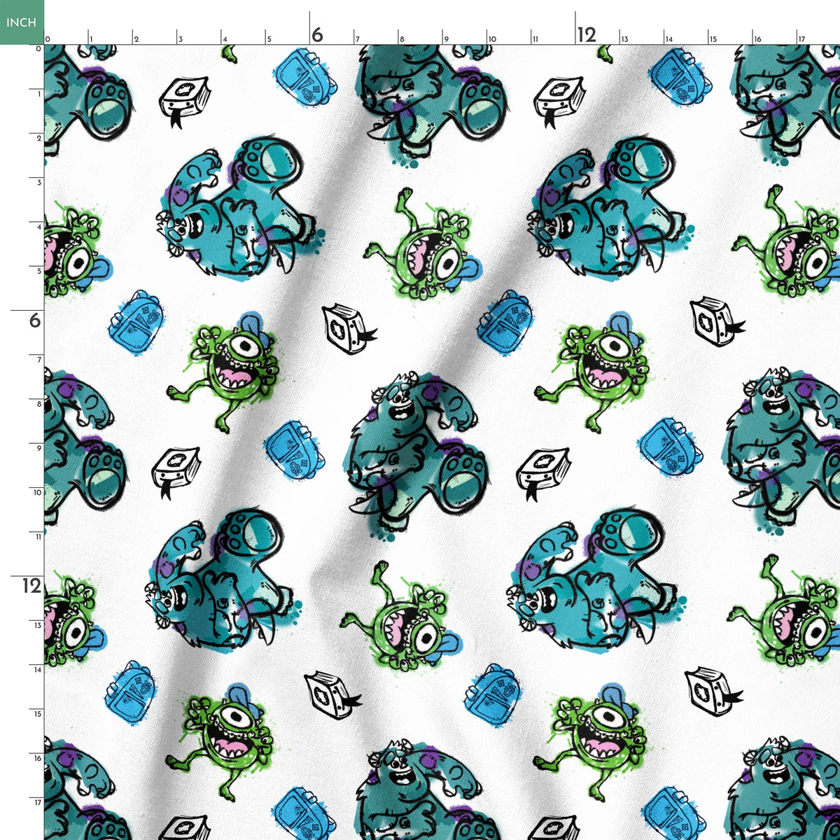 Colorful Monsters Inc pattern with turquoise, green creatures and small boxes on white background springs ruler 18x18