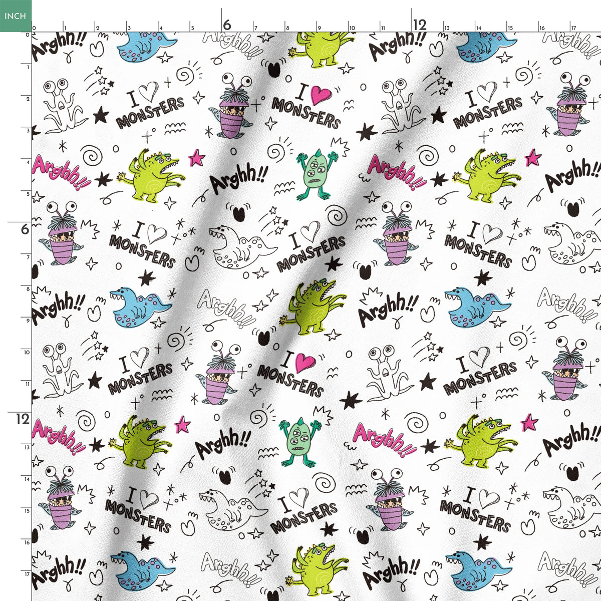 Colorful cartoon monster doodles with "I ♥ MONSTERS" and "Arghh!!" text in playful pattern style springs ruler 18x18