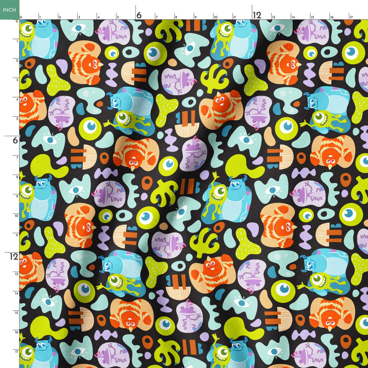 Colorful Monsters Inc pattern with Mike, Sulley and other characters on black background springs ruler 18x18