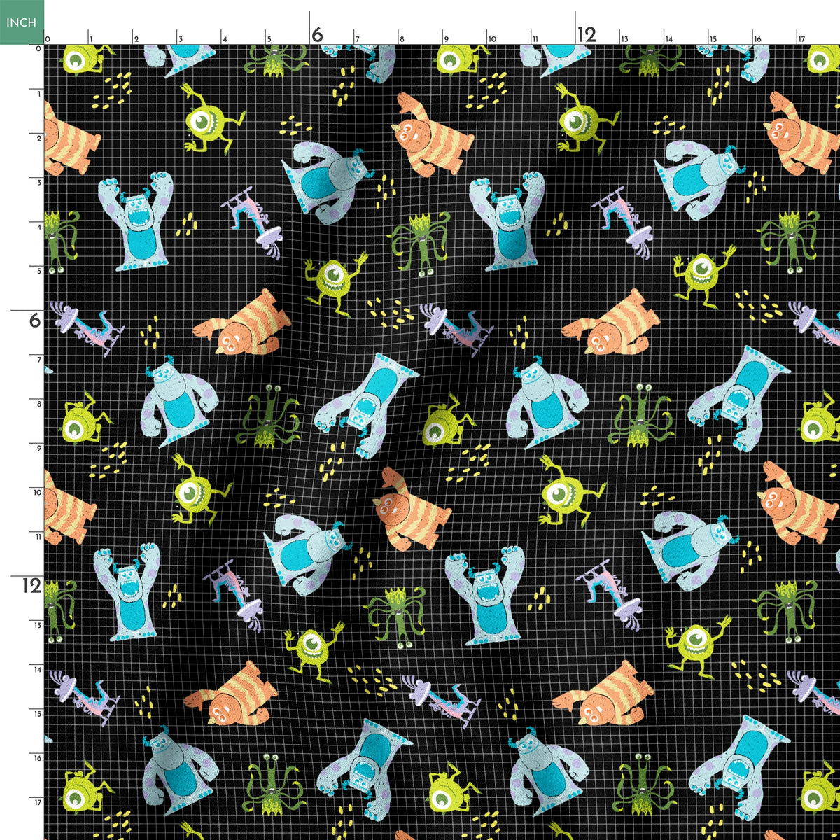 Monsters Inc pattern with Sulley, Mike, & friends on black grid background springs ruler 18x18