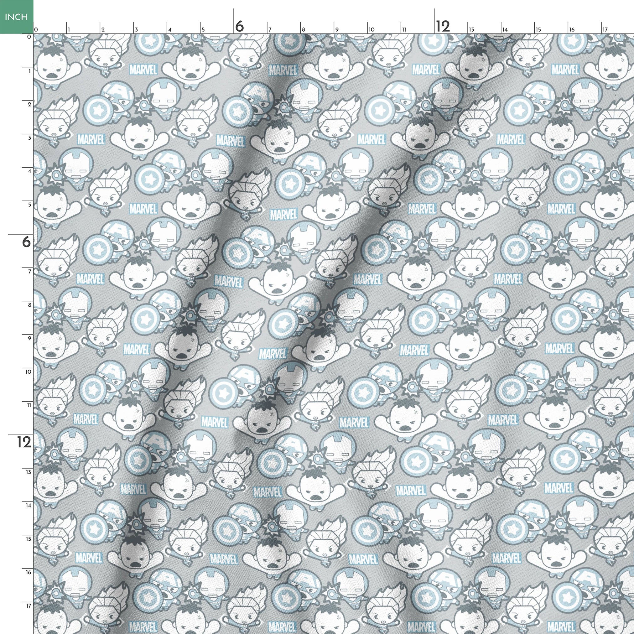 Cute cartoon Marvel superhero pattern with simplified characters and icons on gray background springs ruler 18x18