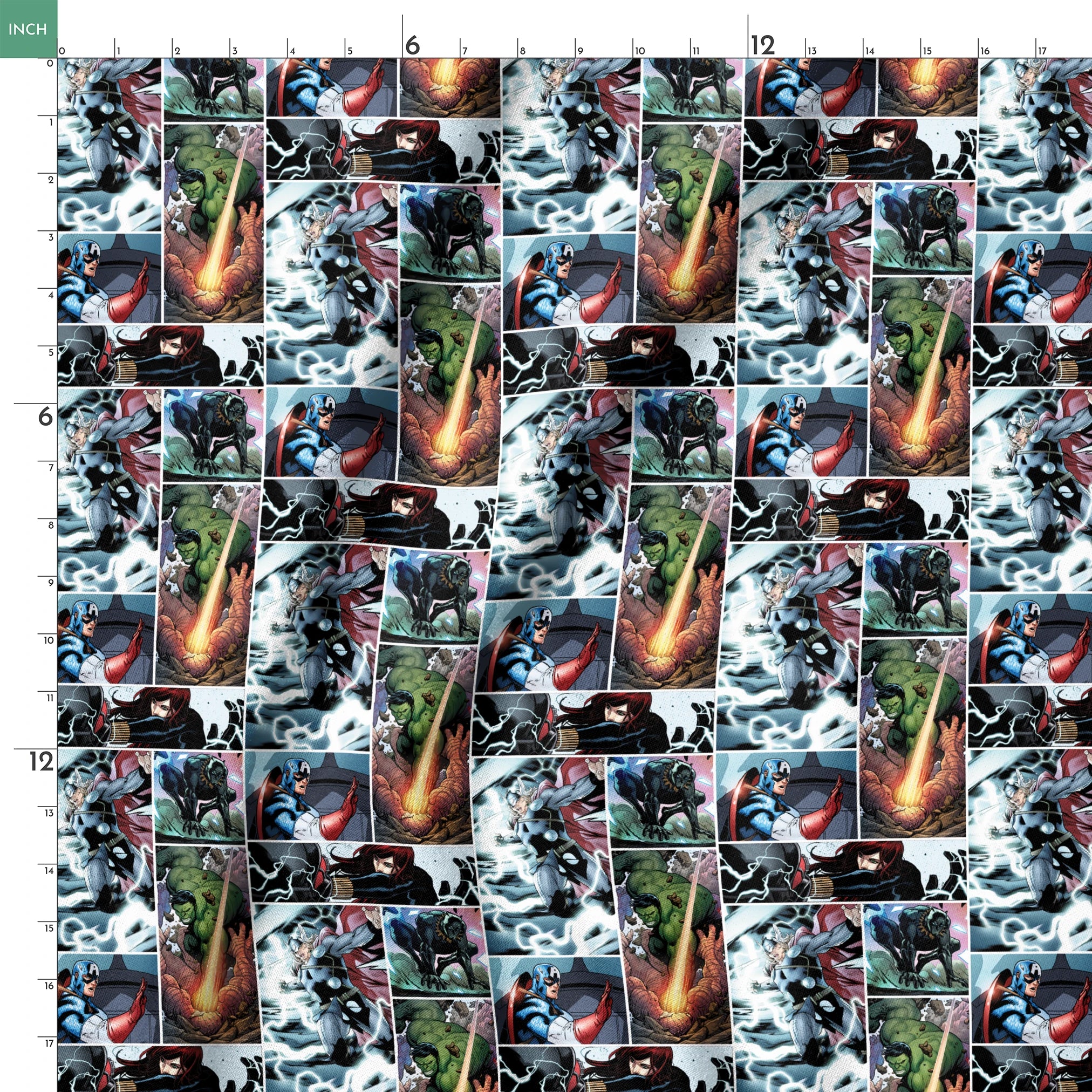 Comic book collage featuring Thor with lightning, Captain America with shield, Hulk, and various Marvel superheroes in action scenes springs ruler 18x18