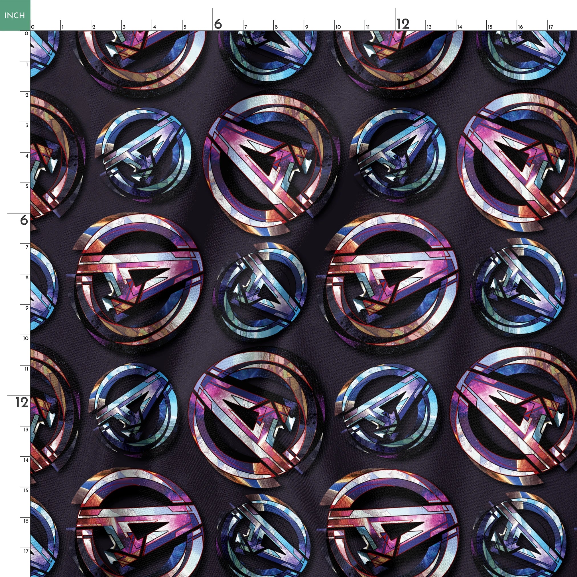 Colorful metallic Avengers logo pattern with iridescent purple and blue reflections on dark background springs ruler 18x18