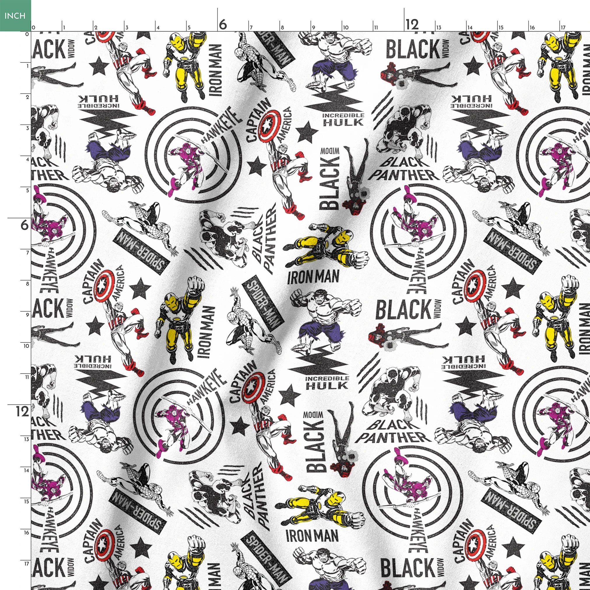 Marvel superheroes pattern with Iron Man, Captain America, Hulk, and Black Panther on white background springs ruler 18x18