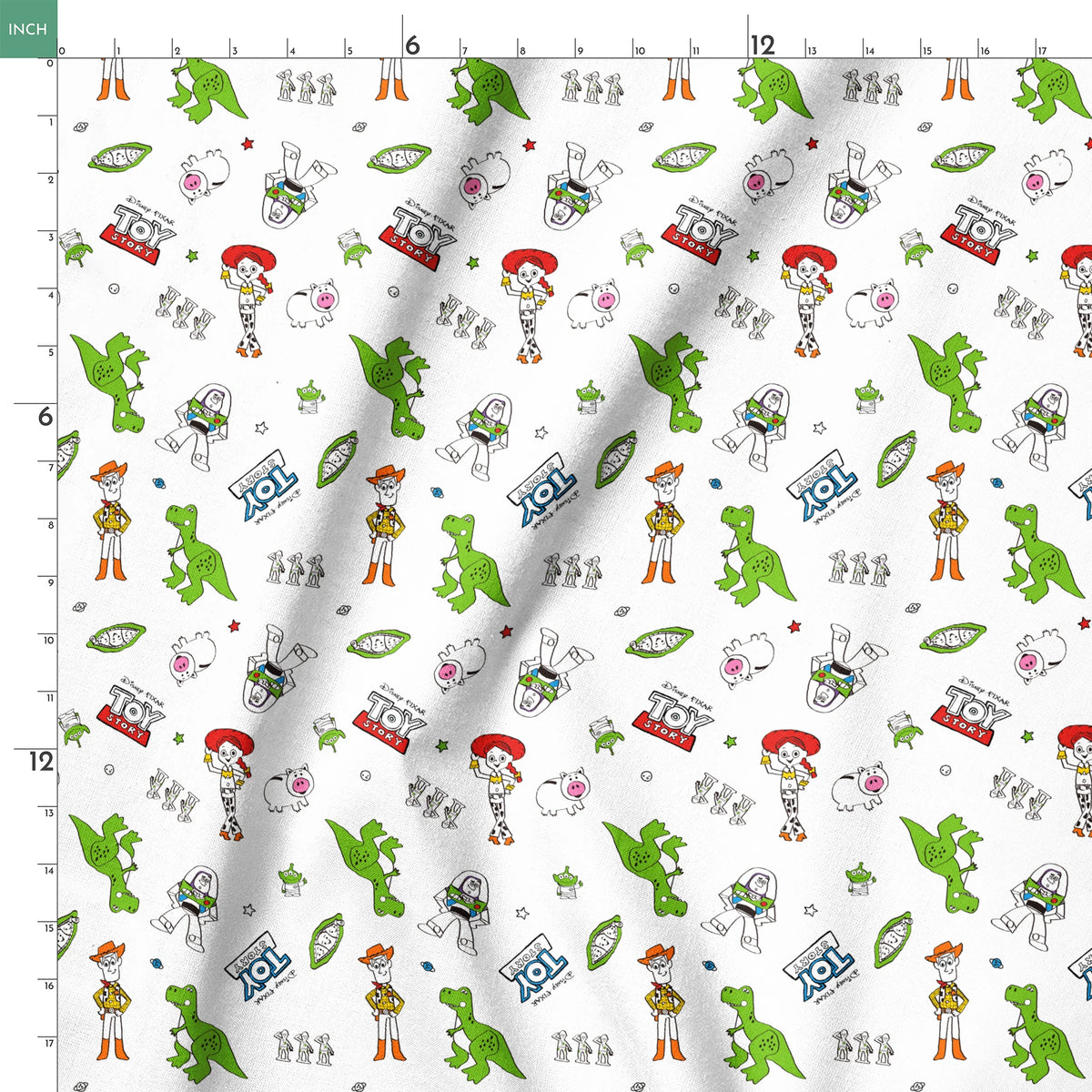 Toy Story pattern with Rex, Buzz, Woody, and alien characters scattered on white background springs ruler 18x18