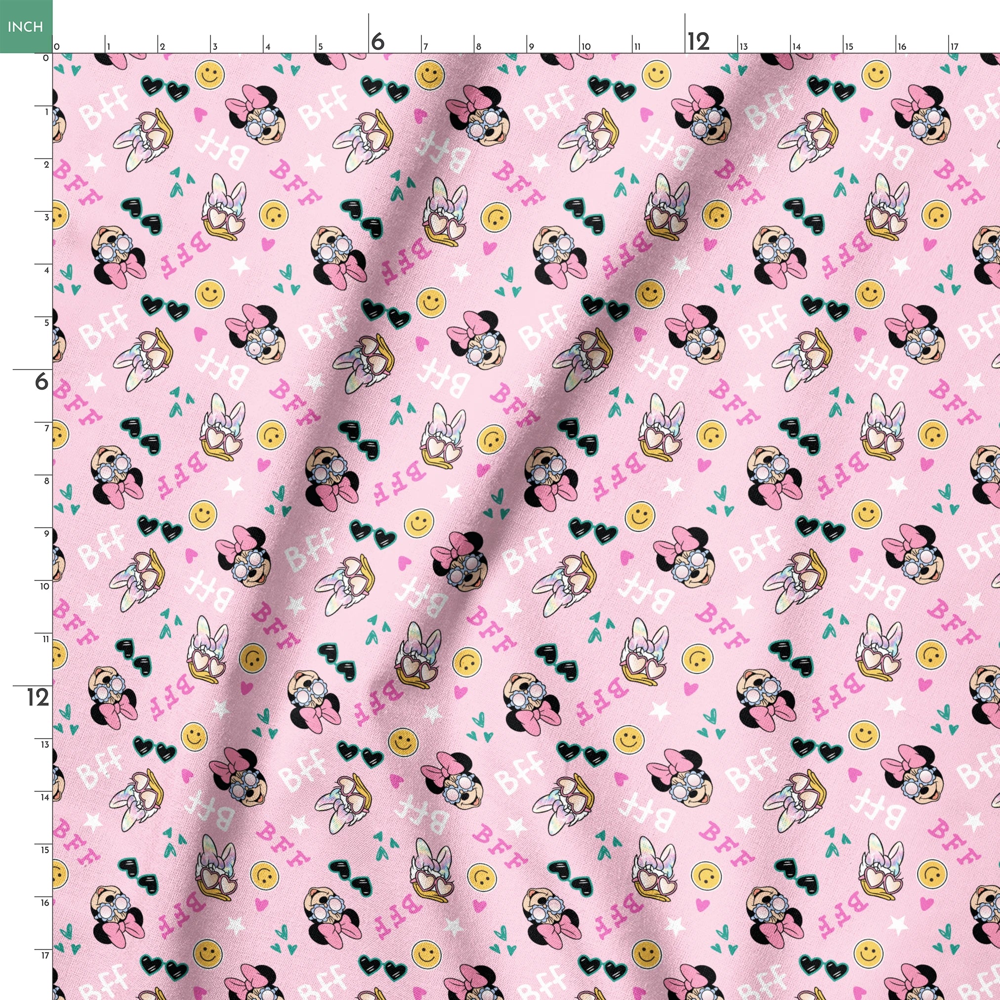 Pink background with Minnie Mouse pattern featuring bows, heart sunglasses, smiley faces, and "BFF" text in playful colors. springs ruler 18x18