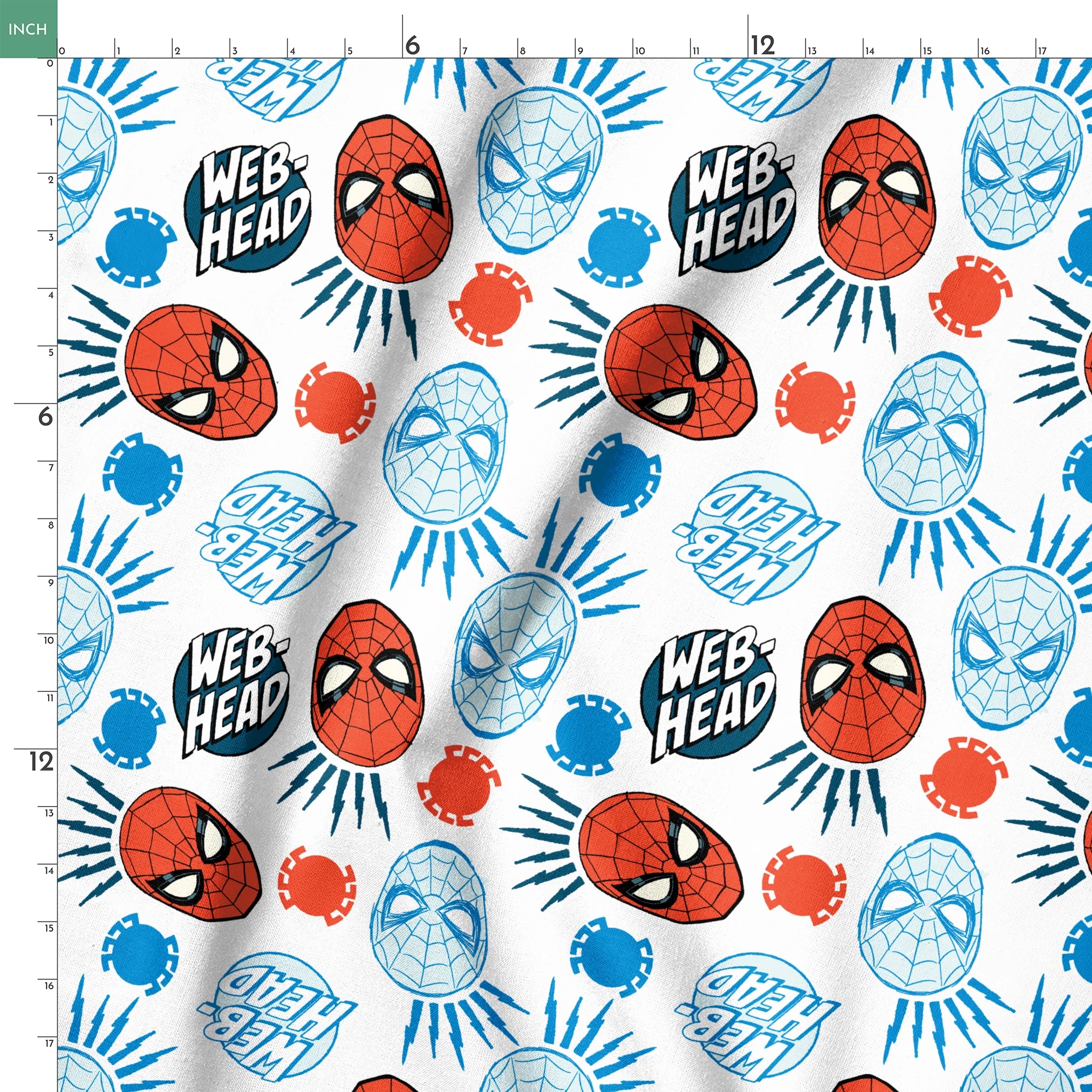 Spider-Man masks pattern with blue and red heads, "WEB HEAD" text, and radiating lines on white background. springs ruler 18x18