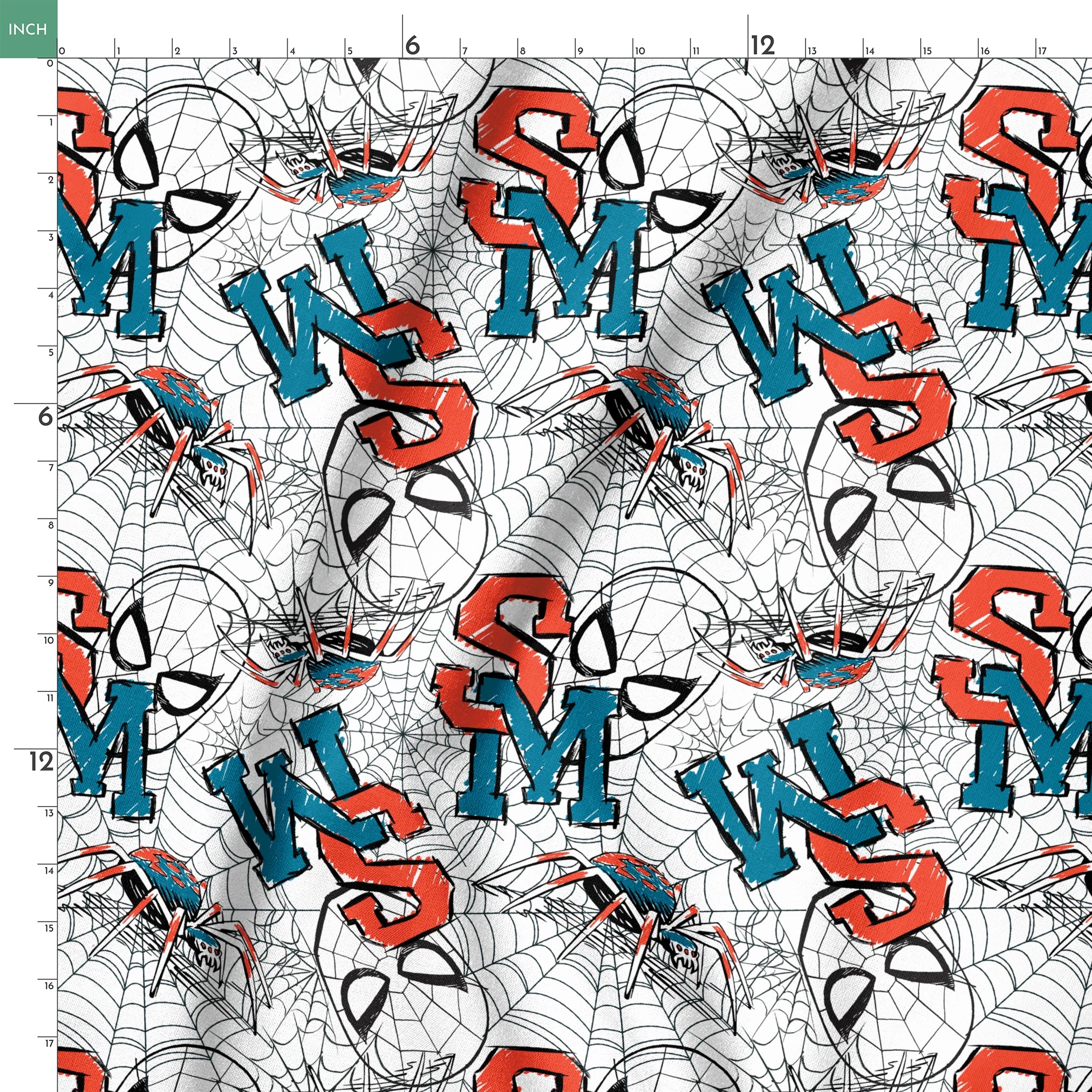 Abstract design with blue and red letters (S, M, K) overlaid with black spider web patterns on white background springs ruler 18x18