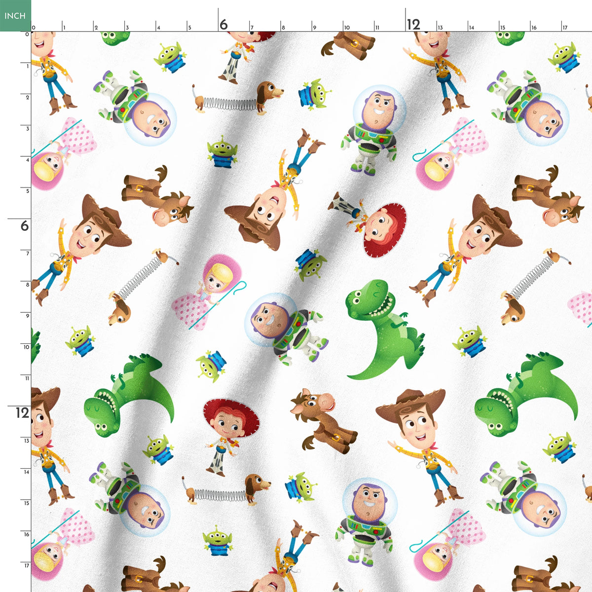 Toy Story character pattern with Woody, Buzz, Jessie, Rex, Slinky Dog and aliens on white background springs ruler 18x18