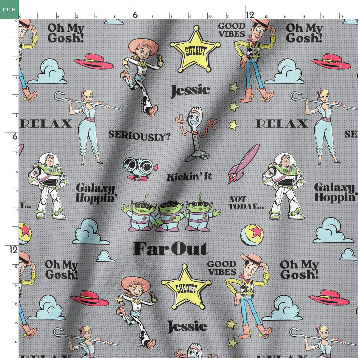 Toy Story character pattern with Buzz, Woody and aliens on gray background with phrases like "Good Vibes" and "Galaxy Hoppin' springs ruler 18x18