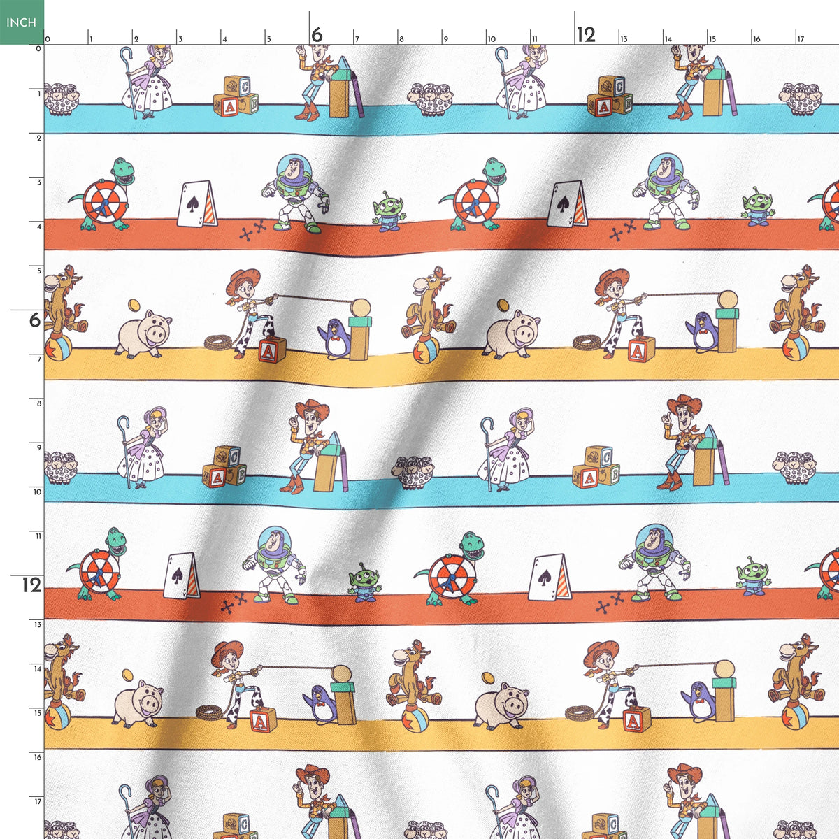 Cartoon illustration of three rows showing different Toy Story characters in action - Woody, Buzzlightyear, Jessie, & more! springs ruler 18x18
