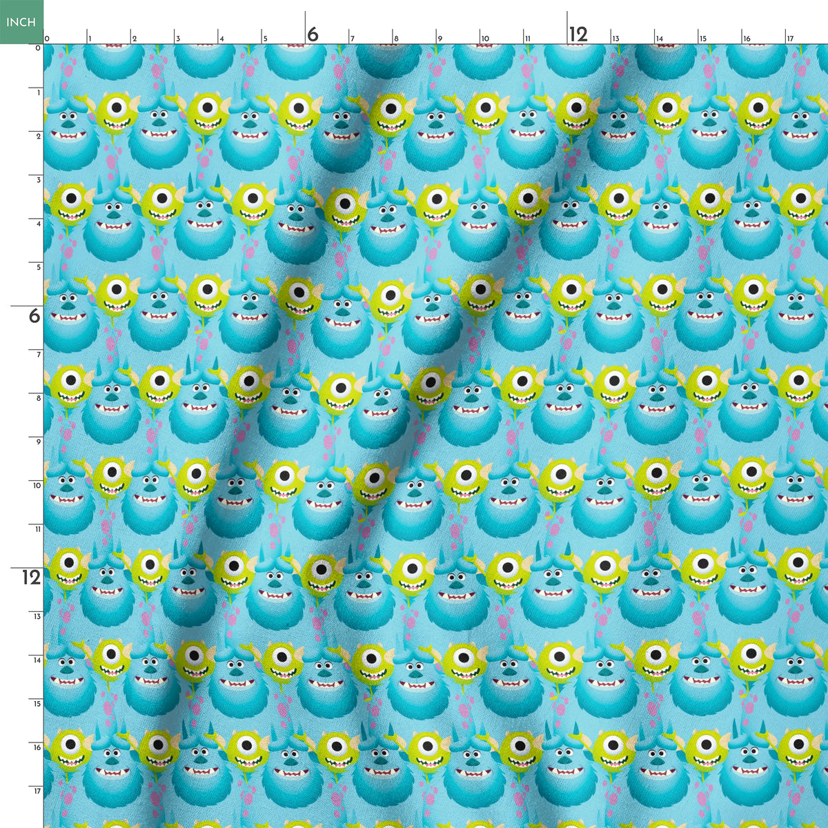 Repeating pattern of Monsters Inc characteres - Mike & Sulley on light blue background. springs ruler 18x18