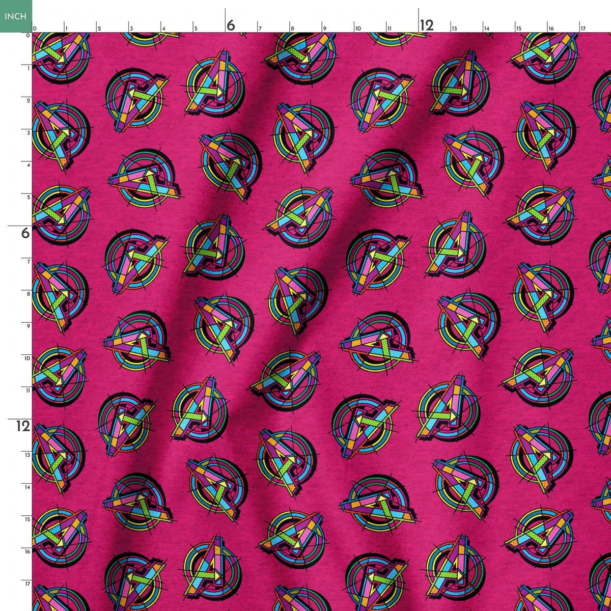 Vibrant Avengers pattern in neon colors on magenta background springs ruler 18x18