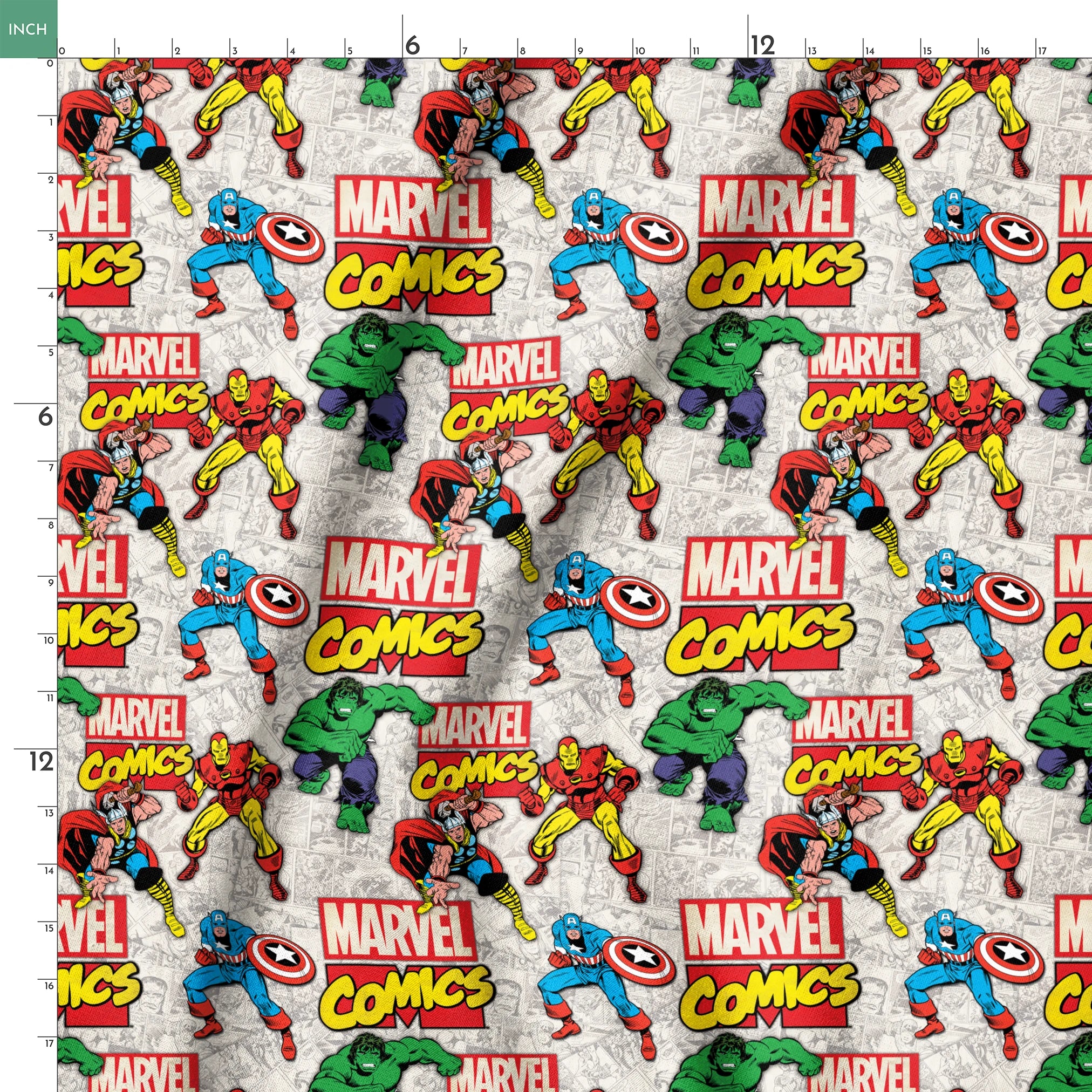 Marvel Comics collage pattern featuring iconic superheroes in action poses against comic book page background springs ruler 18x18