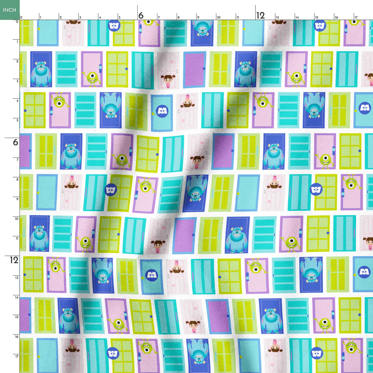 Colorful cartoon monster doors pattern inspired by Monsters Inc. with teal, purple, and green doors springs ruler 18x18