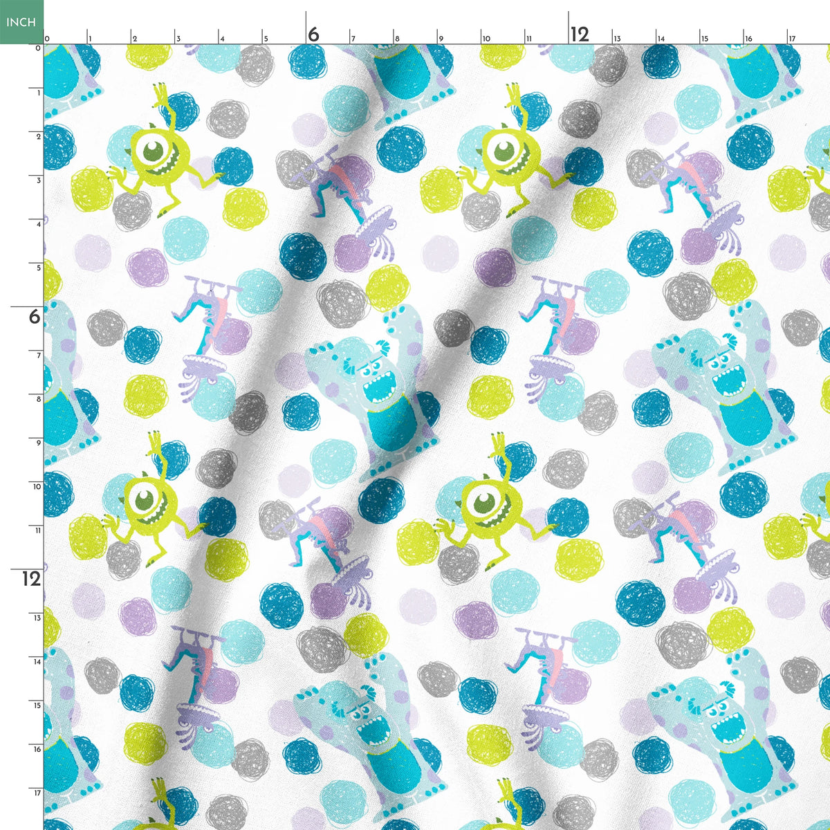 Colorful pattern featuring cartoon monsters with polka dots in blue, green, and purple on white background springs ruler 18x18