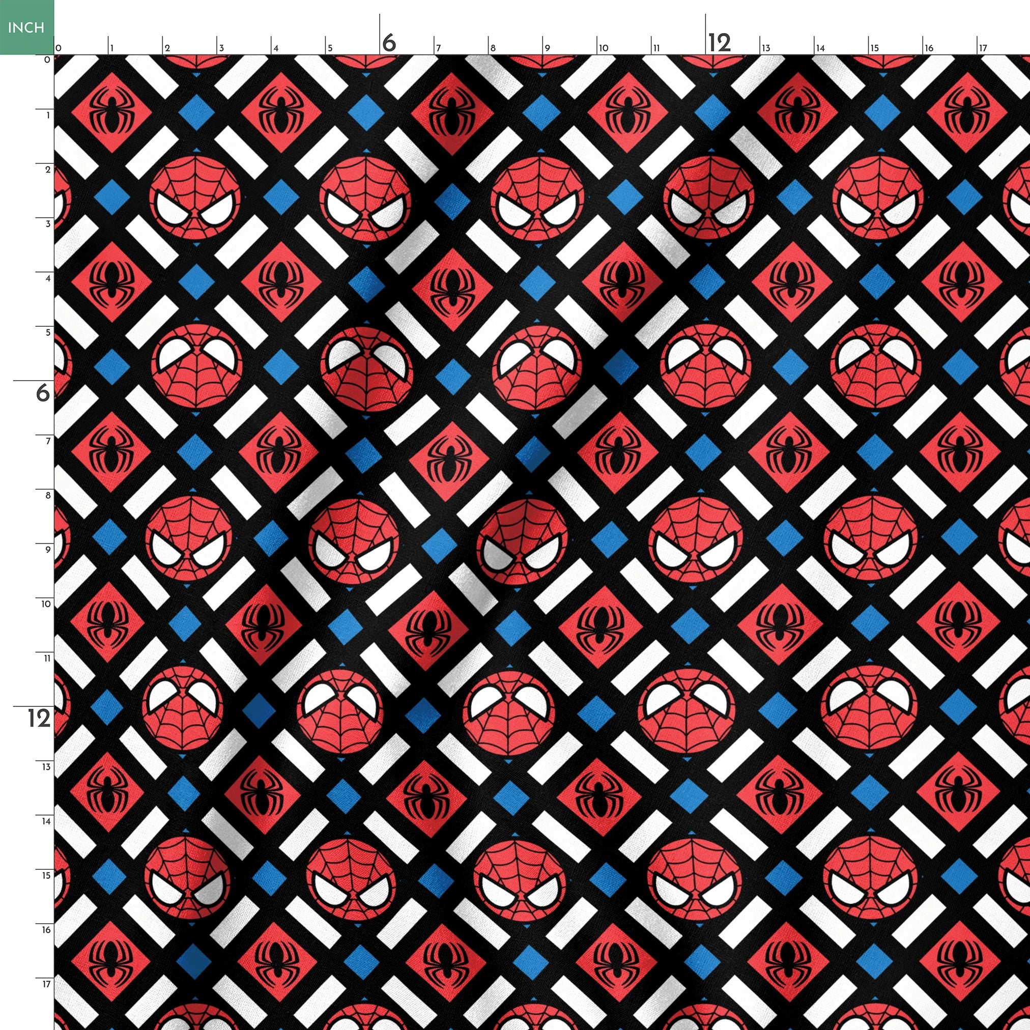 Spider-Man pattern with red masks, spider symbols, webs on black background with white X shapes and blue diamonds springs ruler 18x18