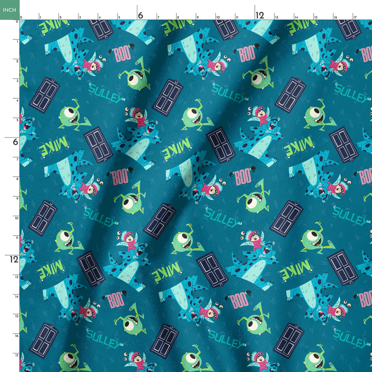 Monsters Inc pattern with Mike, Sulley, Boo characters, and doors on teal background springs ruler 18x18