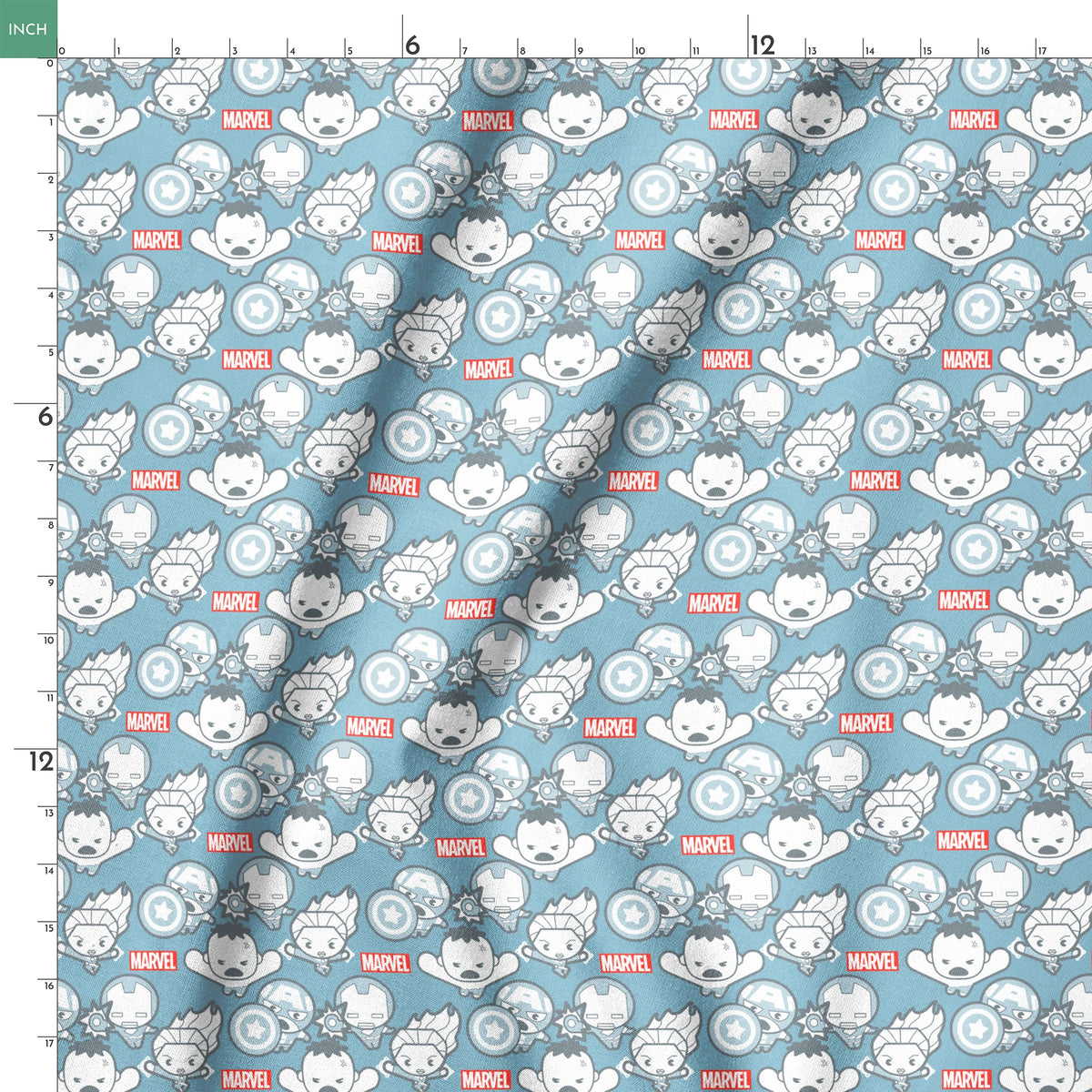 Marvel kawaii superhero pattern with cartoon characters, shields, and gear symbols on blue background springs ruler 18x18