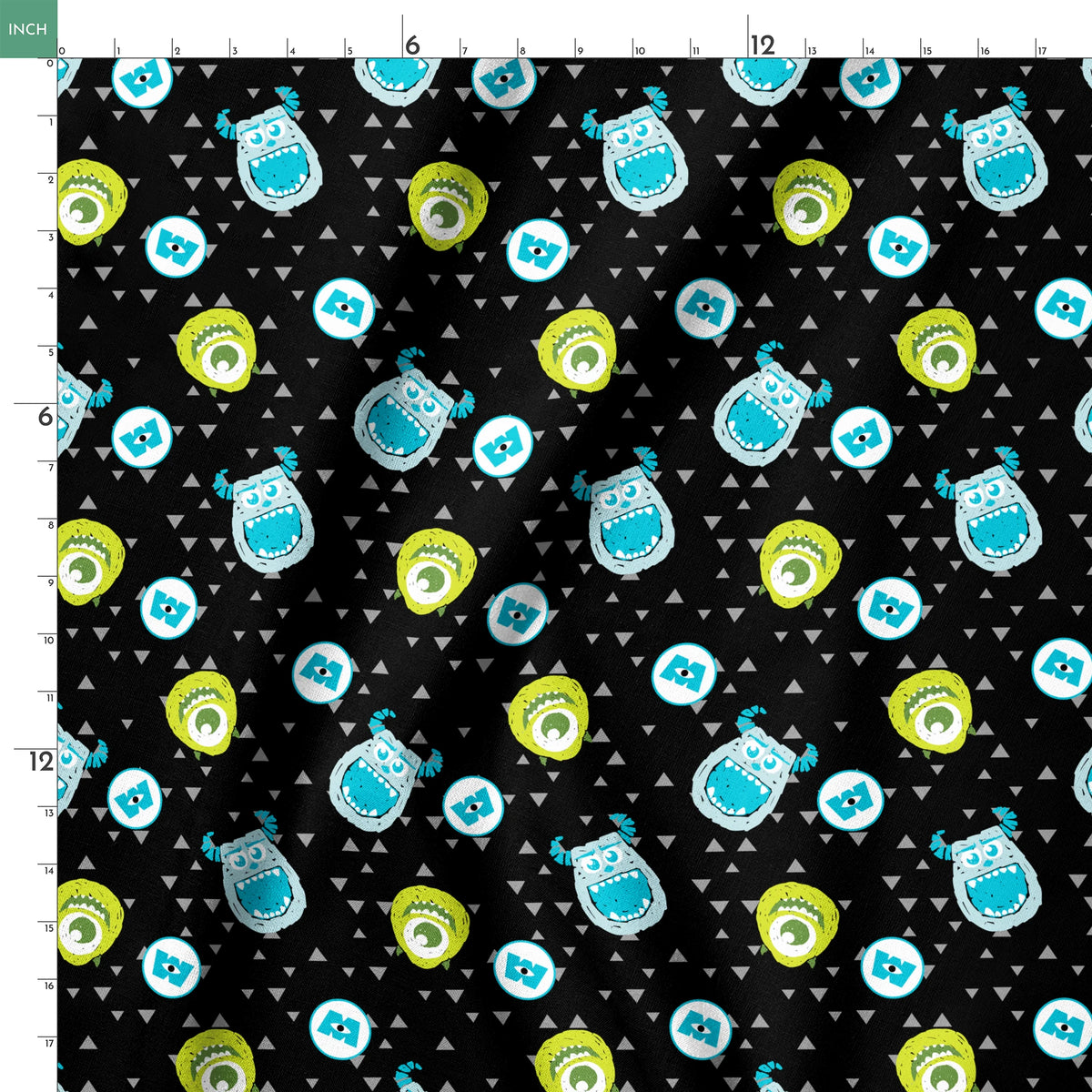 Monsters Inc pattern with Mike and Sulley on black background with gray triangles springs ruler 18x18