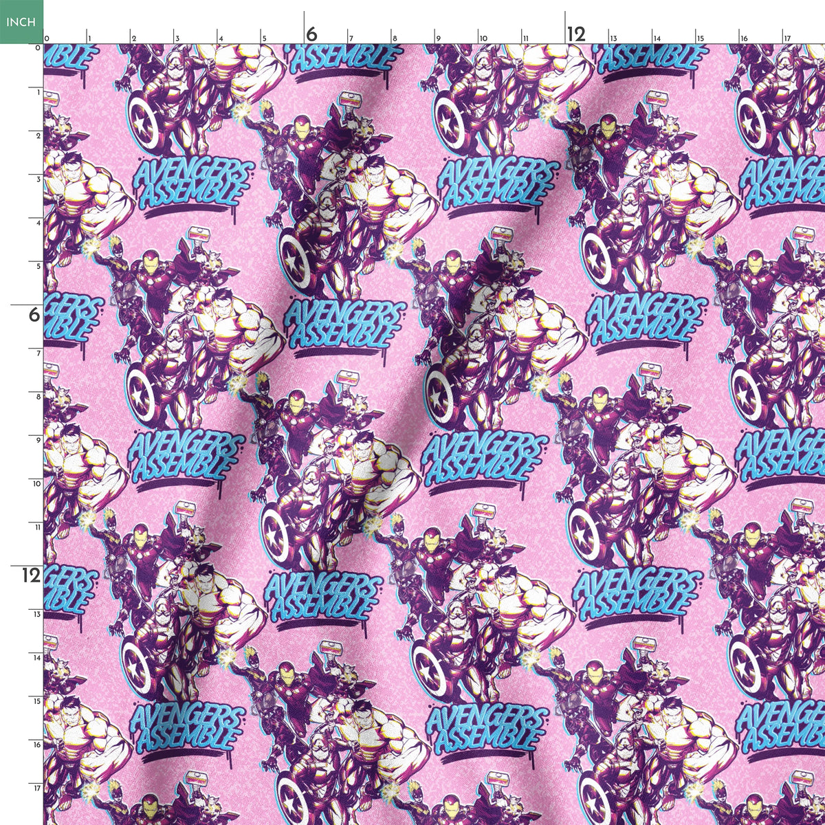 Avengers comic book characters pattern on purple background with "Avengers Assemble" text springs ruler 18x18