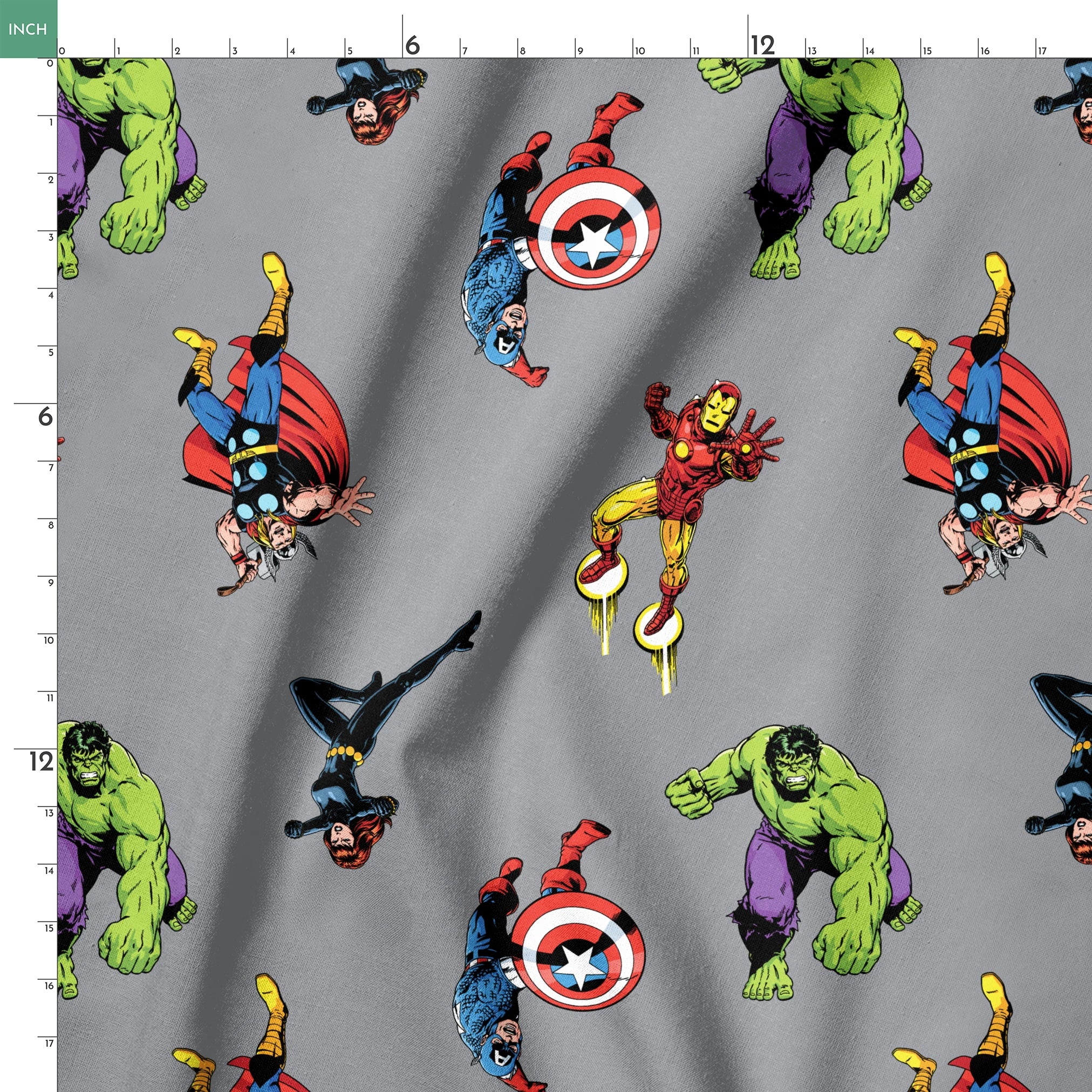 Marvel superheroes pattern with Hulk, Thor, Captain America, and Iron Man on gray background springs ruler 18x18