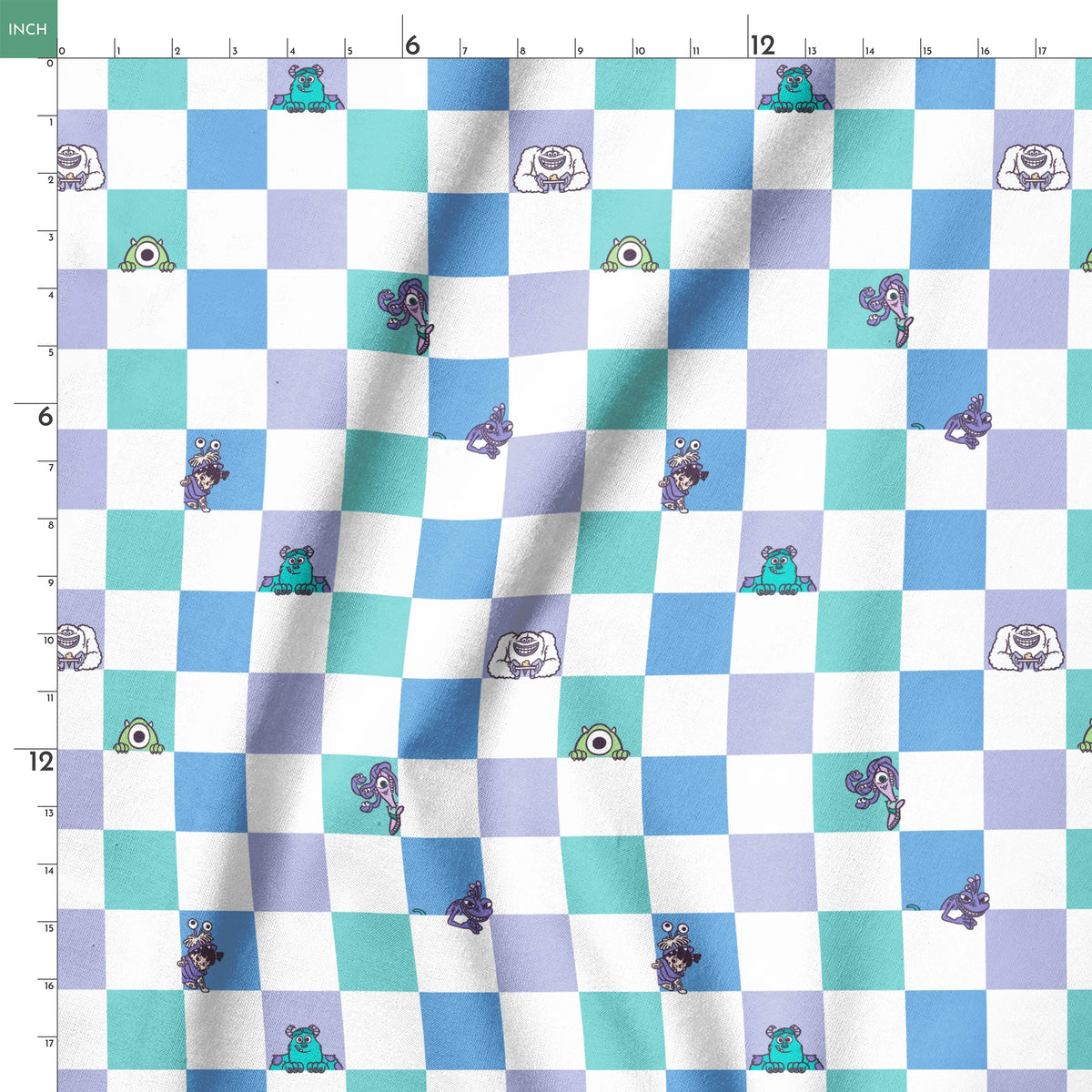 Monsters Inc characters on a checkered pattern of white, mint green, light purple, and blue squares springs ruler 18x18