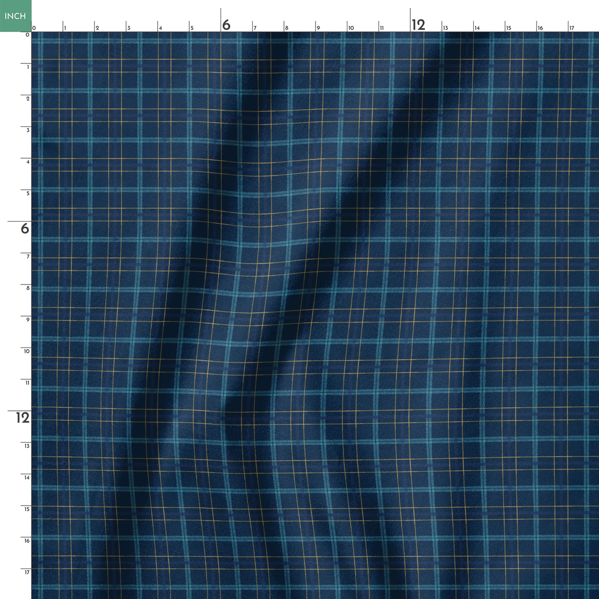 Painterly navy blue plaid with golden yellow and soft blue stripes by Nicole Tamarin, ideal for autumn sewing and decor. springs ruler 18x18