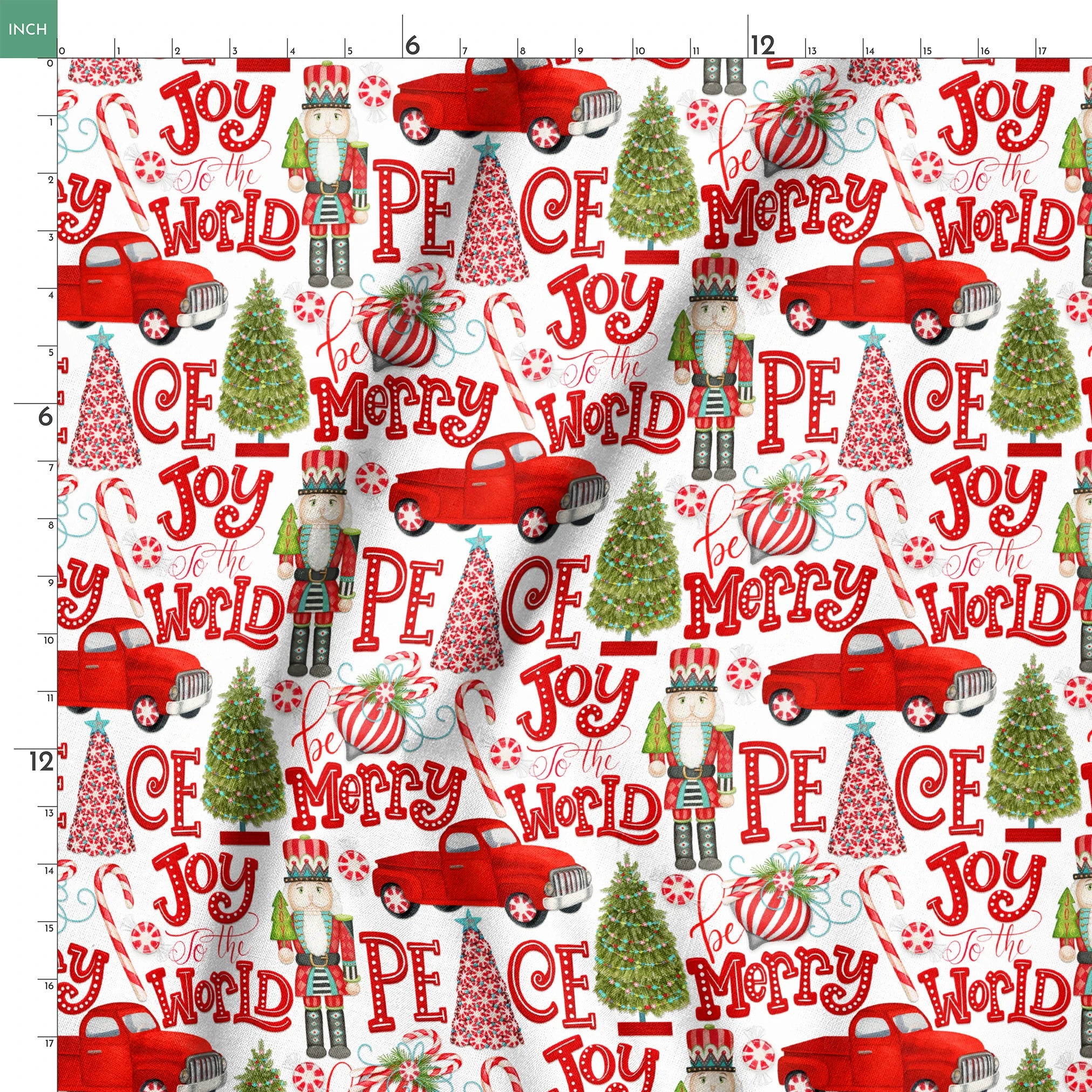 Holiday pattern featuring red trucks, nutcrackers, candy canes, Christmas trees, and festive lettering on a white background by Nicole Tamarin. springs ruler 18x18