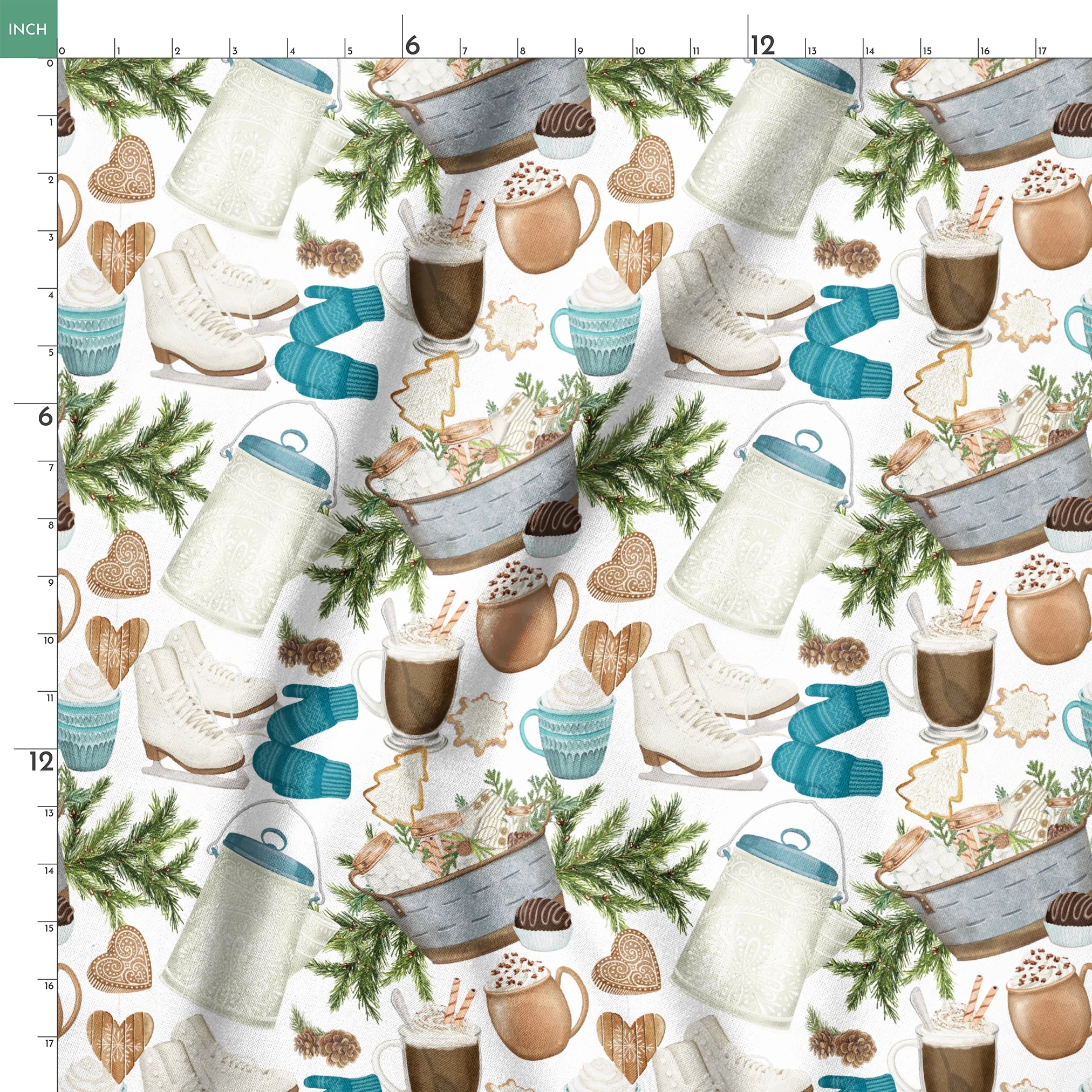 Winter-themed pattern featuring cocoa mugs, ice skates, mittens, pine branches, and holiday cookies in neutral and blue tones by Nicole Tamarin. springs ruler 18x18