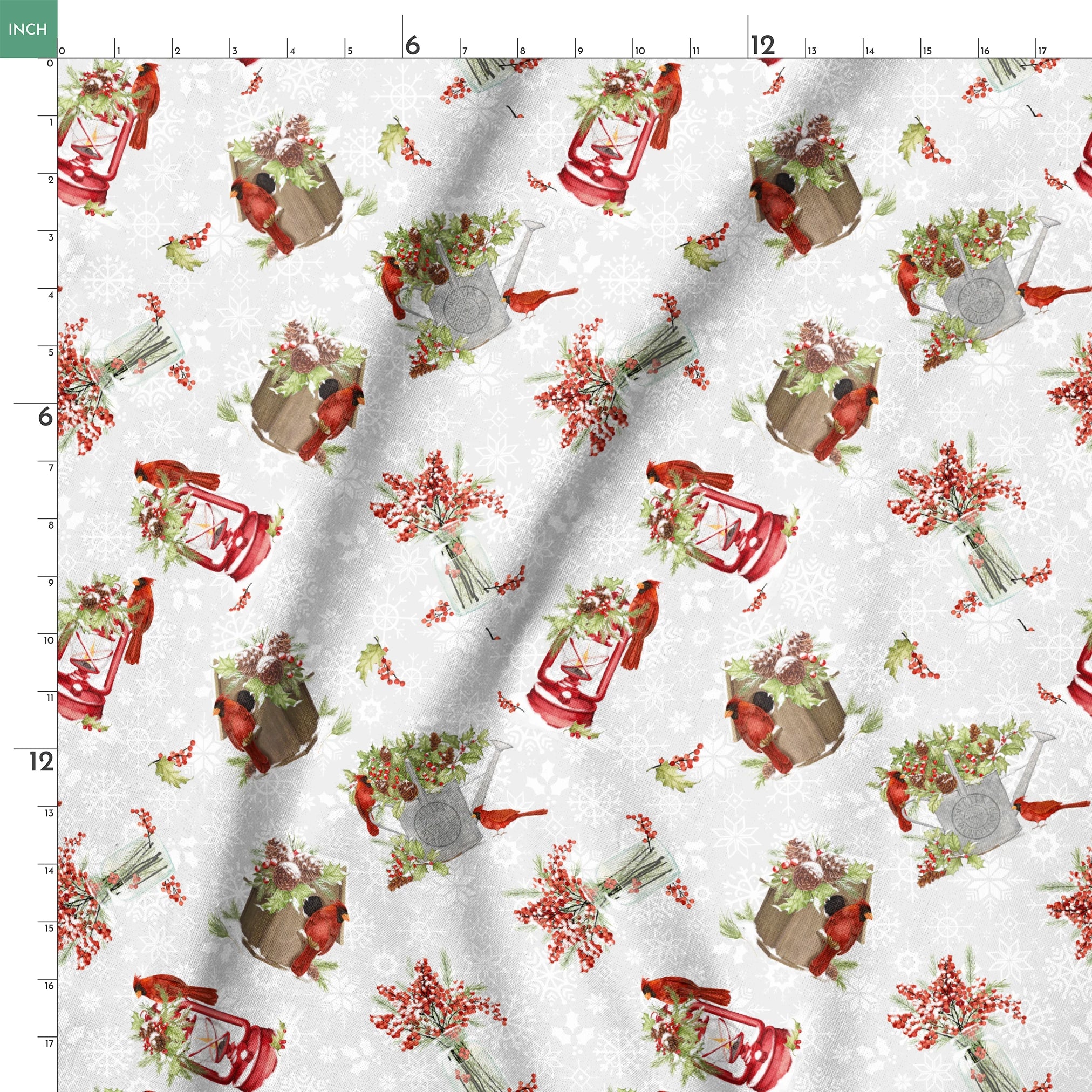 Red cardinals perched among holly berries, pine sprigs, lanterns, and rustic containers on a soft snowy background with snowflake details by Nicole Tamarin springs ruler 18x18