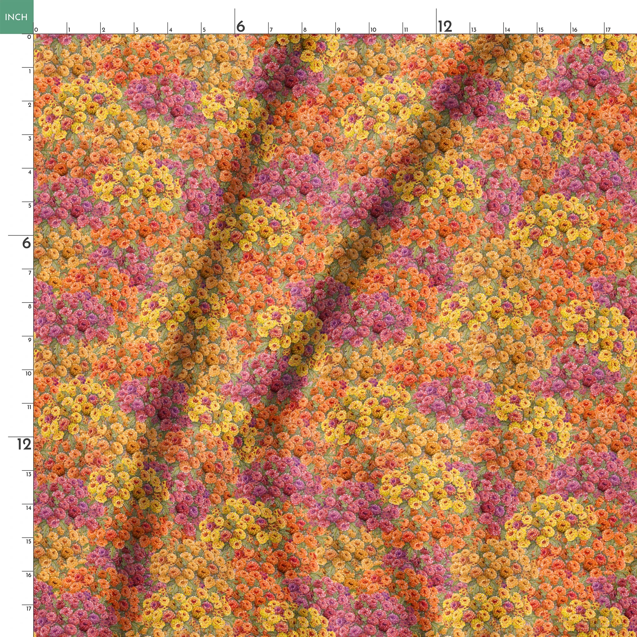 Dense floral fabric featuring orange, gold, pink, and plum zinnias in a packed all-over pattern by Nicole Tamarin. springs ruler 18x18