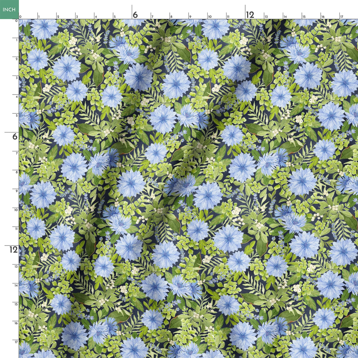 Beautiful floral pattern with light blue cornflowers and vibrant green leaves and foliage springs ruler 18x18