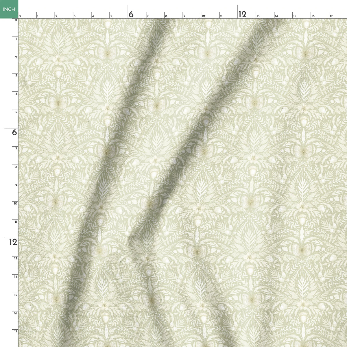 Sage and cream damask-style pattern featuring symmetrical acorns, oak leaves, and botanical motifs in a tonal palette by Nicole Tamarin. springs ruler 18x18