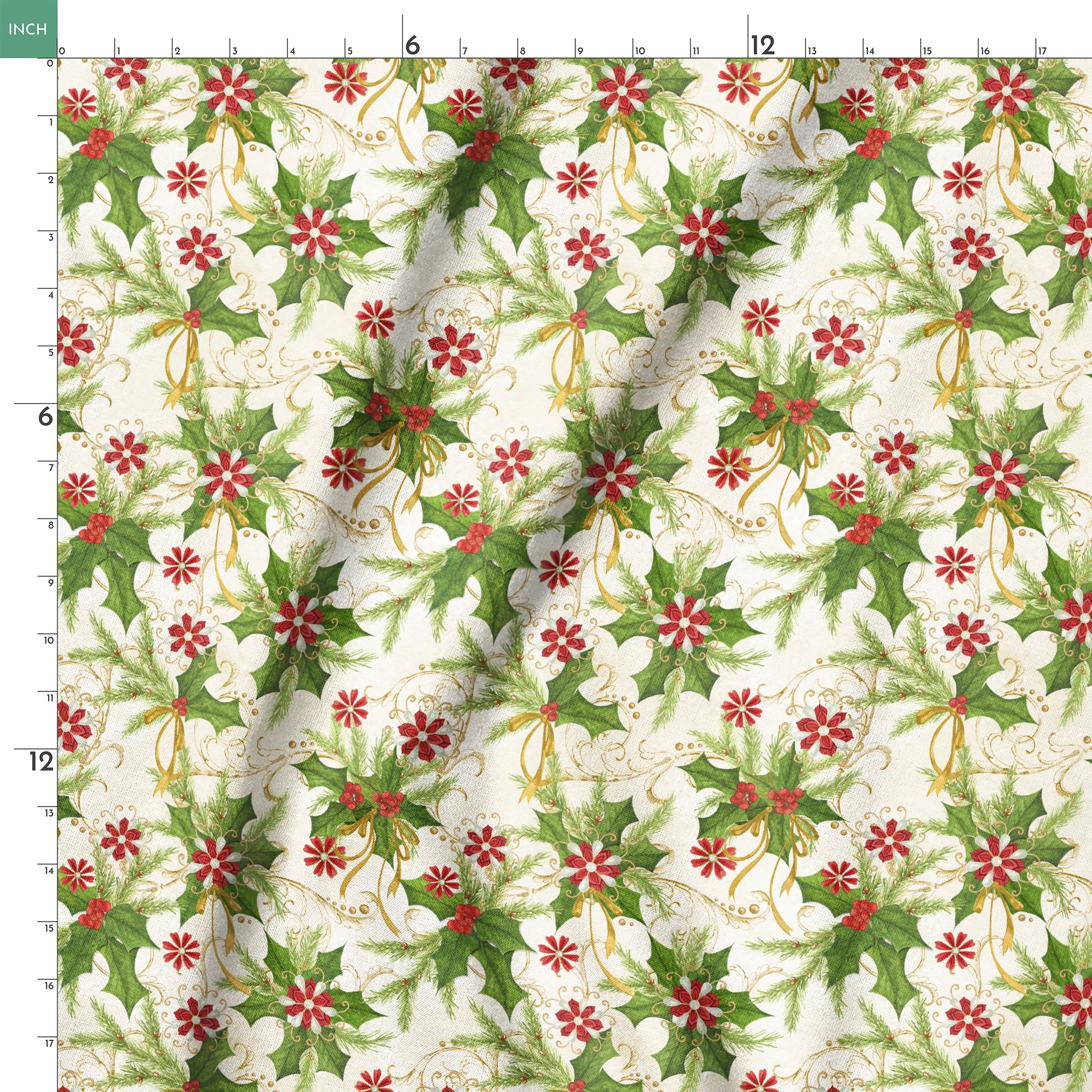 Festive pattern featuring holly leaves, pine branches, red floral medallions, and golden swirls on an ivory background by Nicole Tamarin. springs ruler 18x18