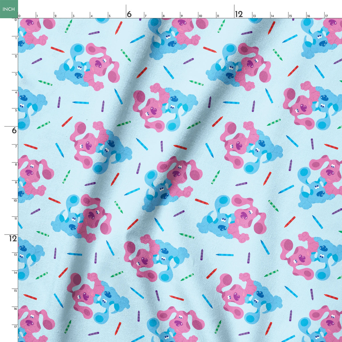 Playful pattern of cartoon blue and pink dogs with colorful stick accents on light blue background springs ruler 18x18