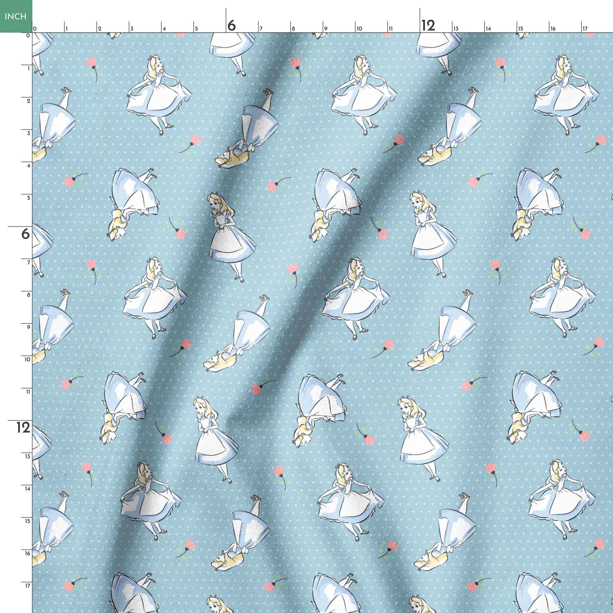 Blue polka dot pattern with illustrated characters in blue dresses and small pink flowers scattered throughout. springs ruler 18x18